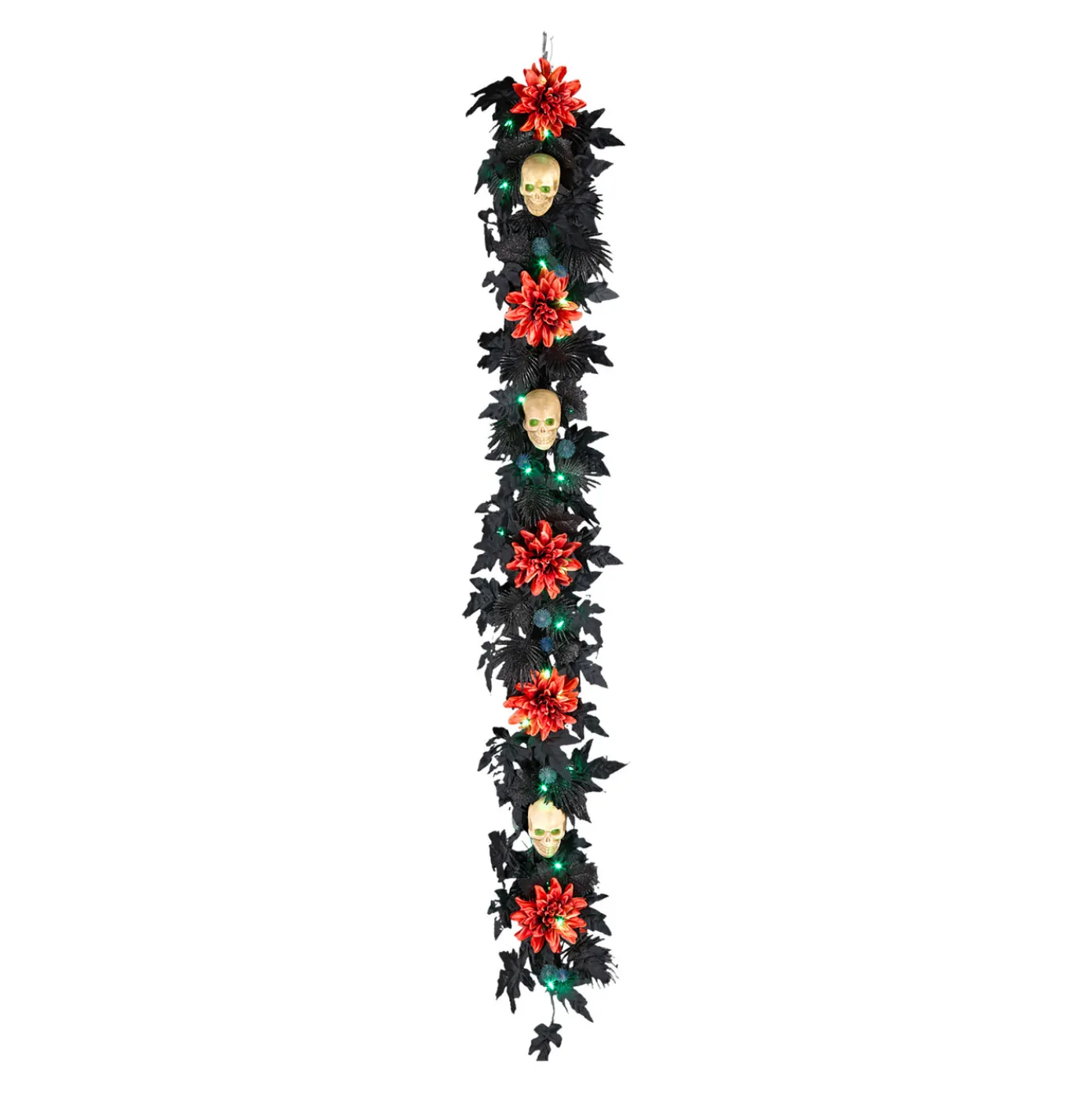 6 ft. Halloween Boo-tiful Garland with Orange Dahlia Flowers, White Skulls, LED Lights