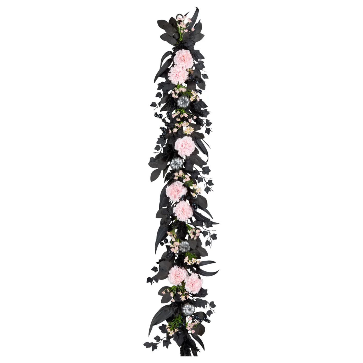 6 ft. Halloween Pretty Morbid Pink Carnation Wreath with Silver Pumpkins