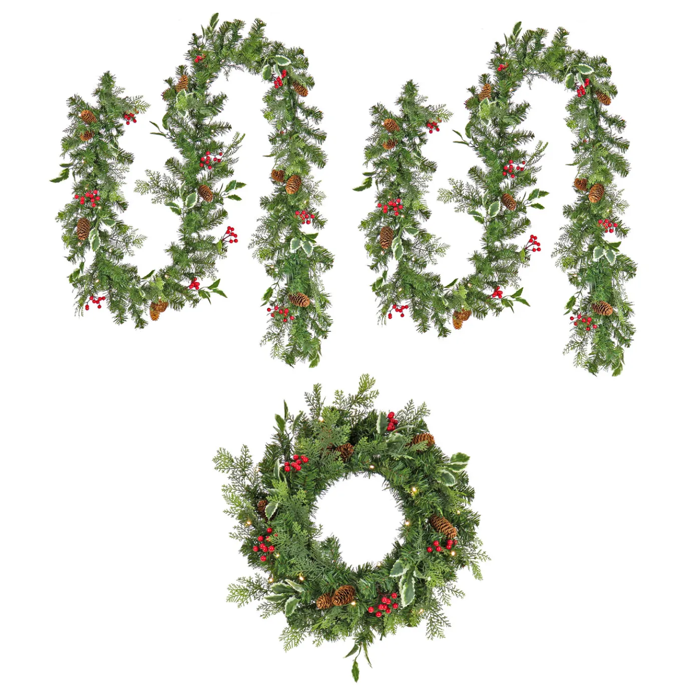 9 ft. Pre-Lit First Traditions Holly Berry Wreath and Garland Assortment