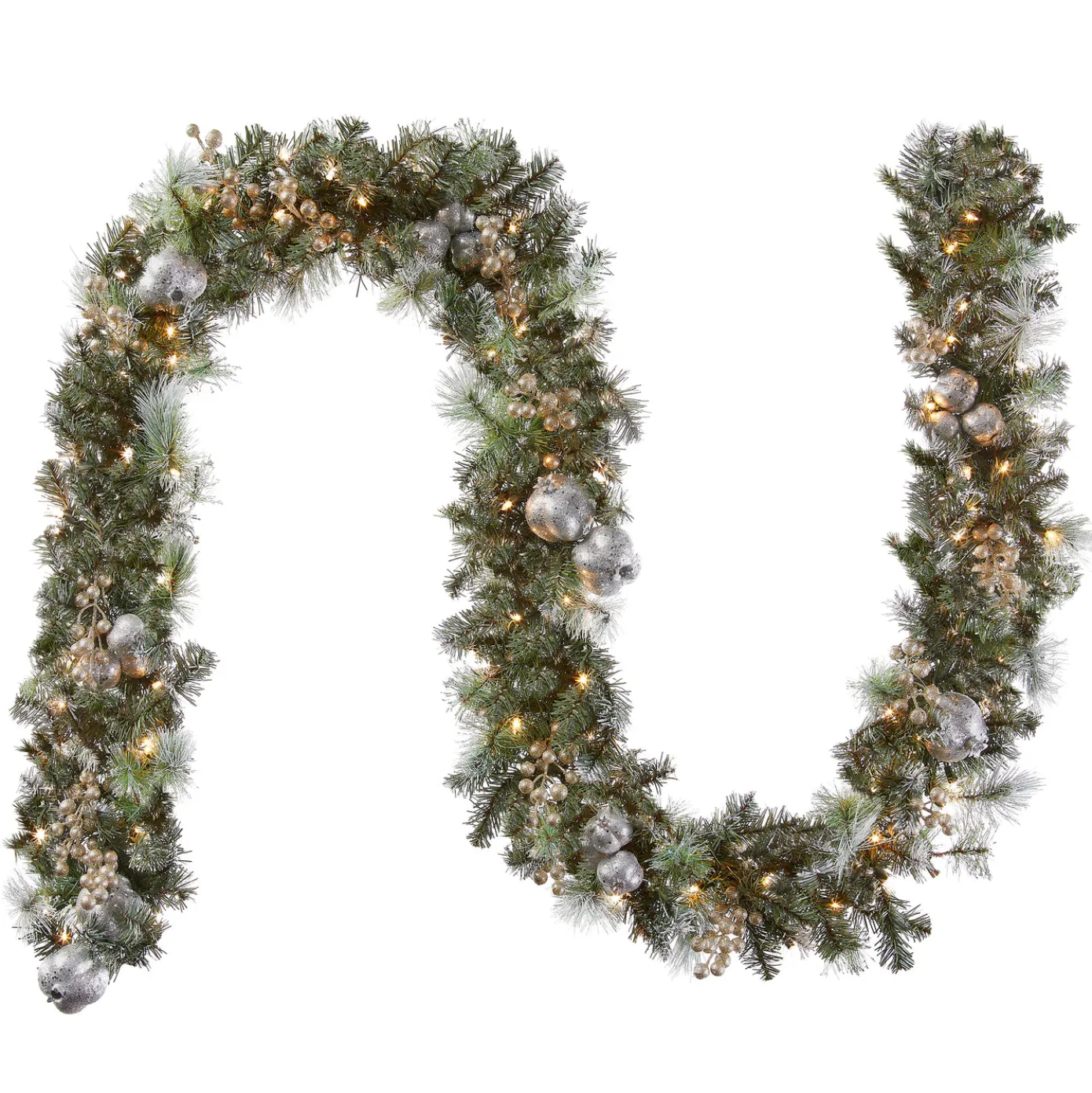 9 ft. Pre-Lit Glittery Pine Pomegranate Garland with Clear Lights