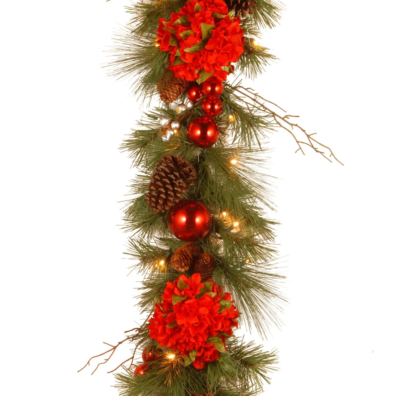 9 ft. Pre-Lit Hydrangea Pine Garland with Warm White LED Lights