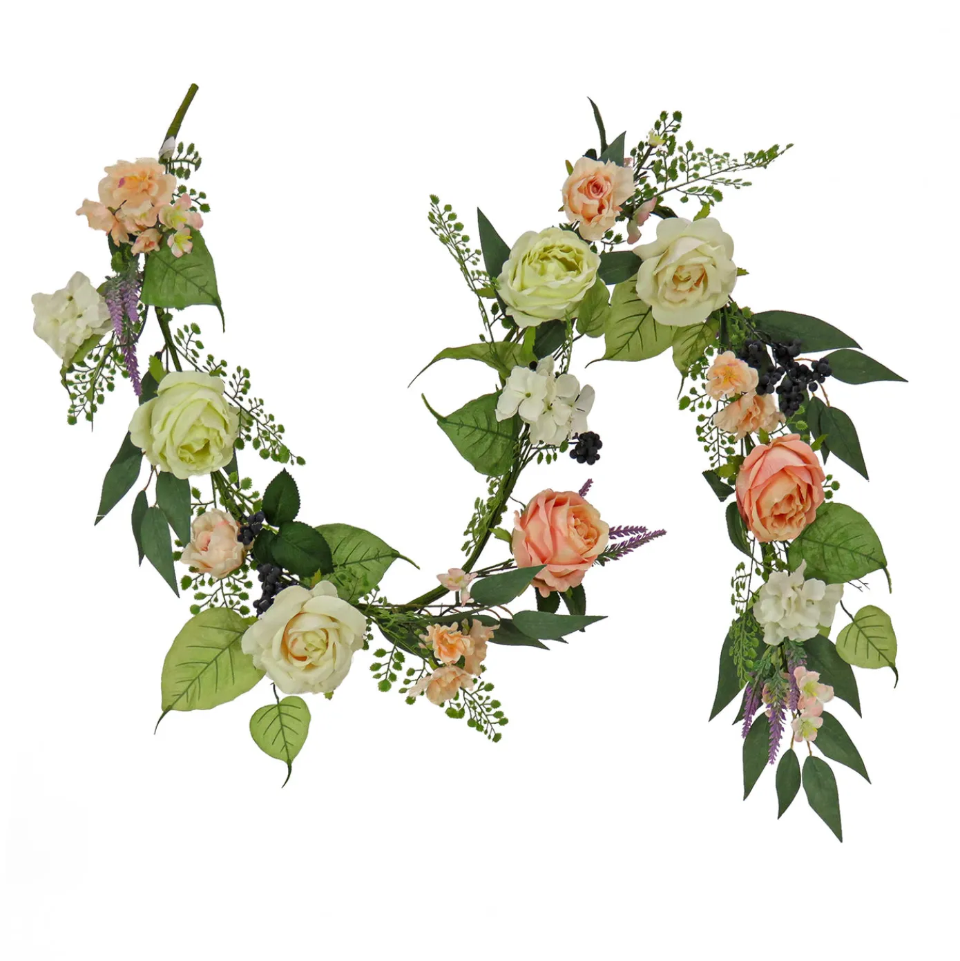 6 ft. Spring Garland with Rose Blooms, Lavender, Berry Clusters, Leafy Greens
