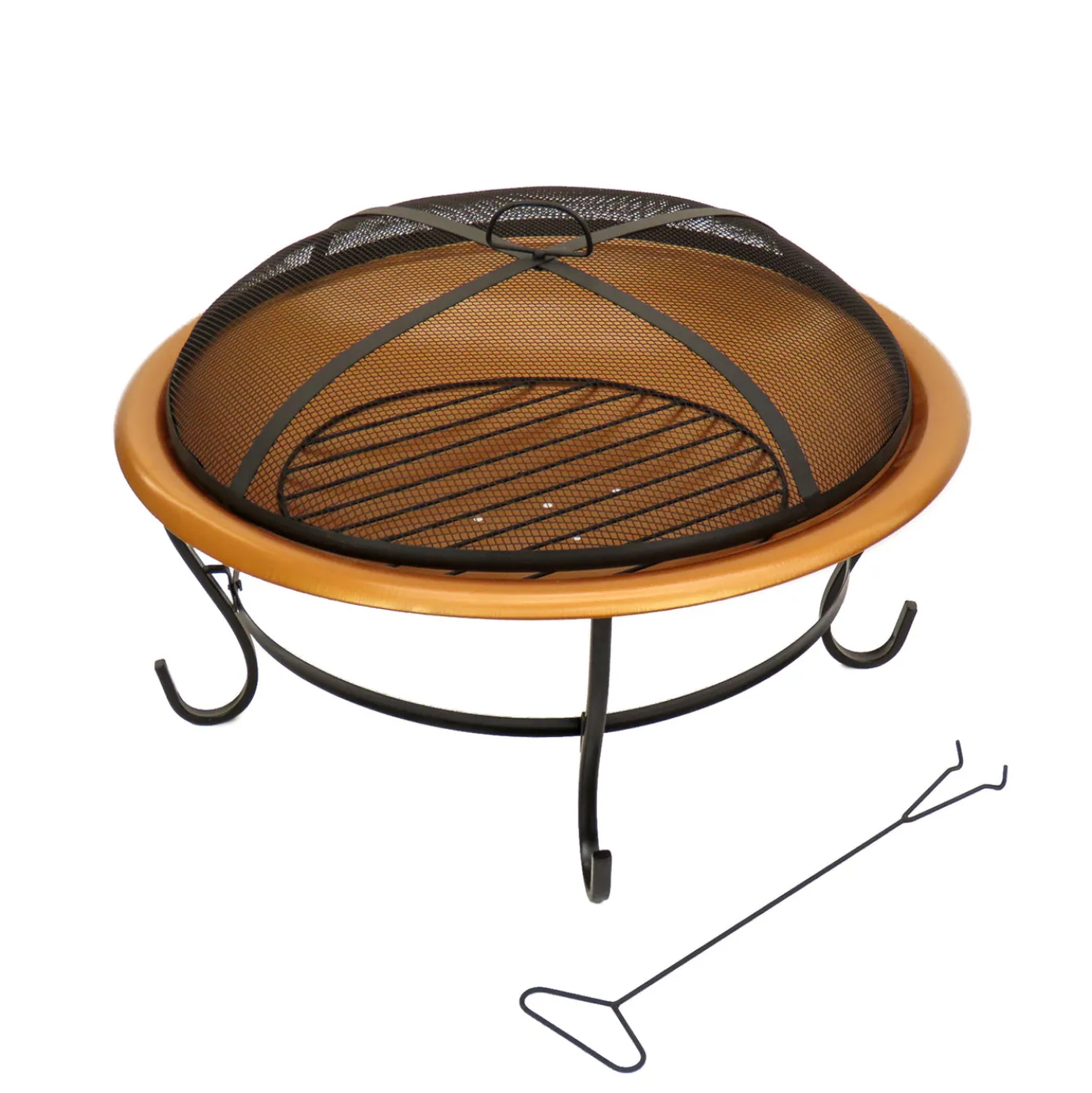 29 in. Copper Finish Steel Outdoor Fire Pit with Black Stand and Screen Cover
