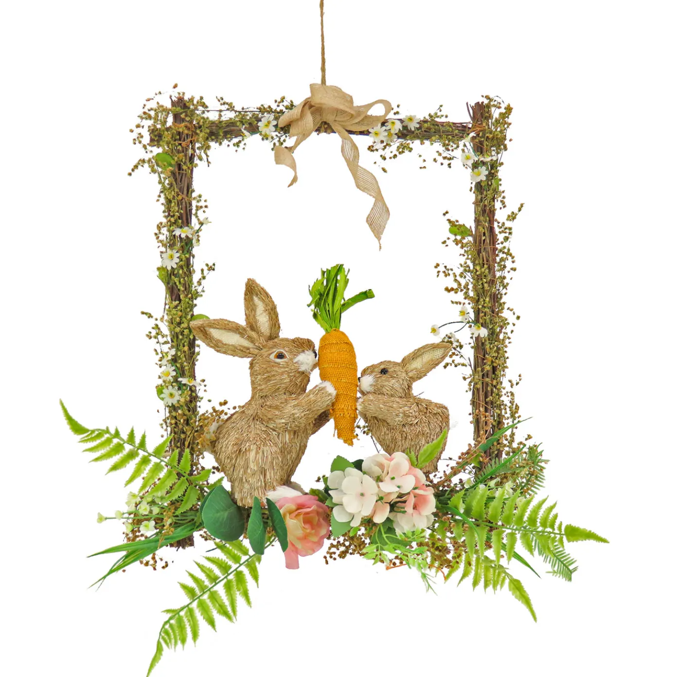 14 in. Easter Bunnies Hanging Wall Decoration Decorated with Two Bunnies, Carrots, Flower Blooms, Leafy Greens