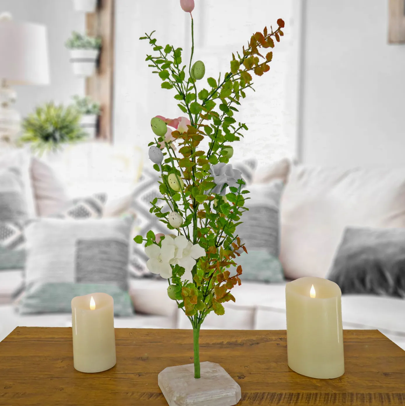 24 in. Easter Decorative Tree Decorated with Pastel Eggs and Flower Blooms, and Wooden Block Base