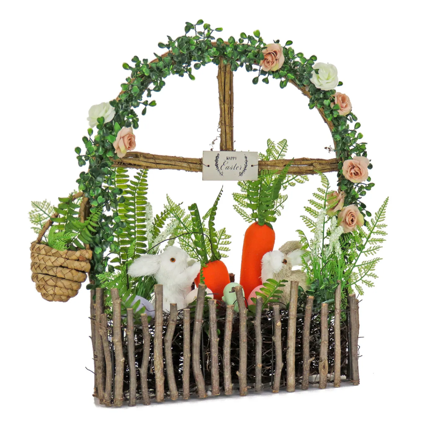 19 in. Easter Window Garden Pane Decoration Decorated with Bunnies, Carrots, Flower Blooms