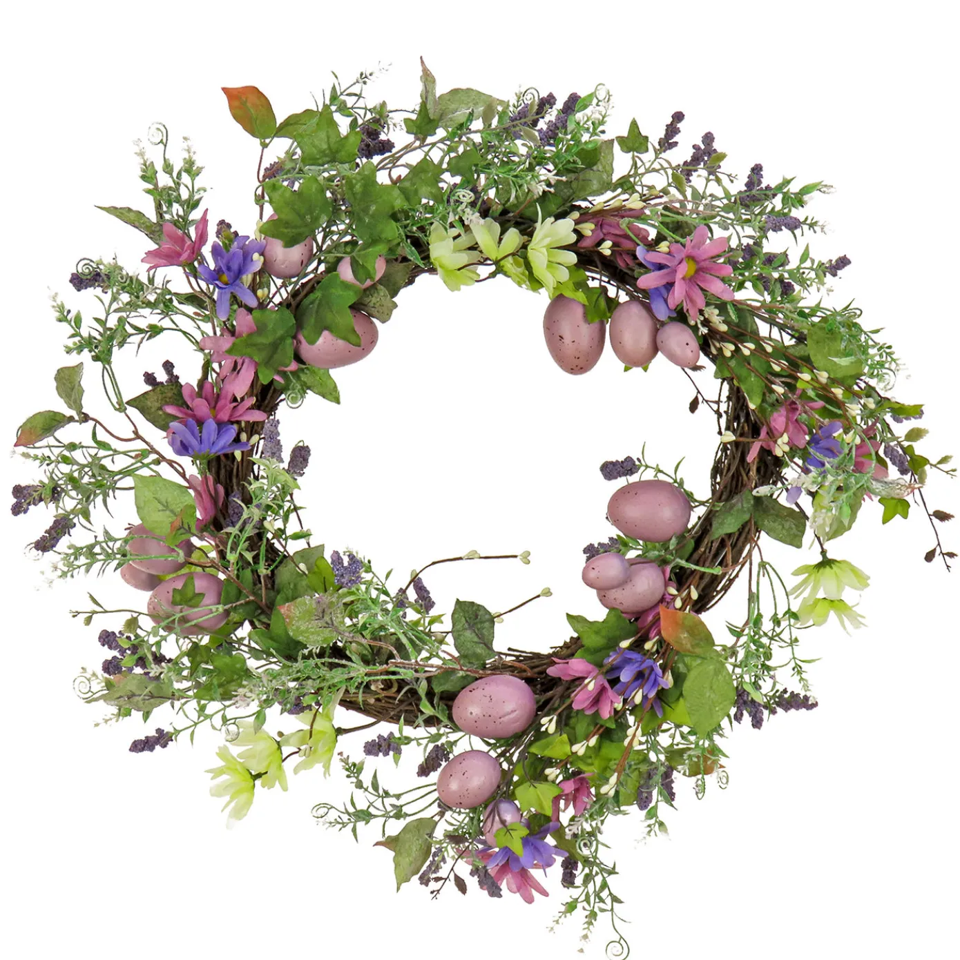 22 in. Easter Wreath Decorated with Purple Pastel Eggs, Pink Flowers, Leafy Greens
