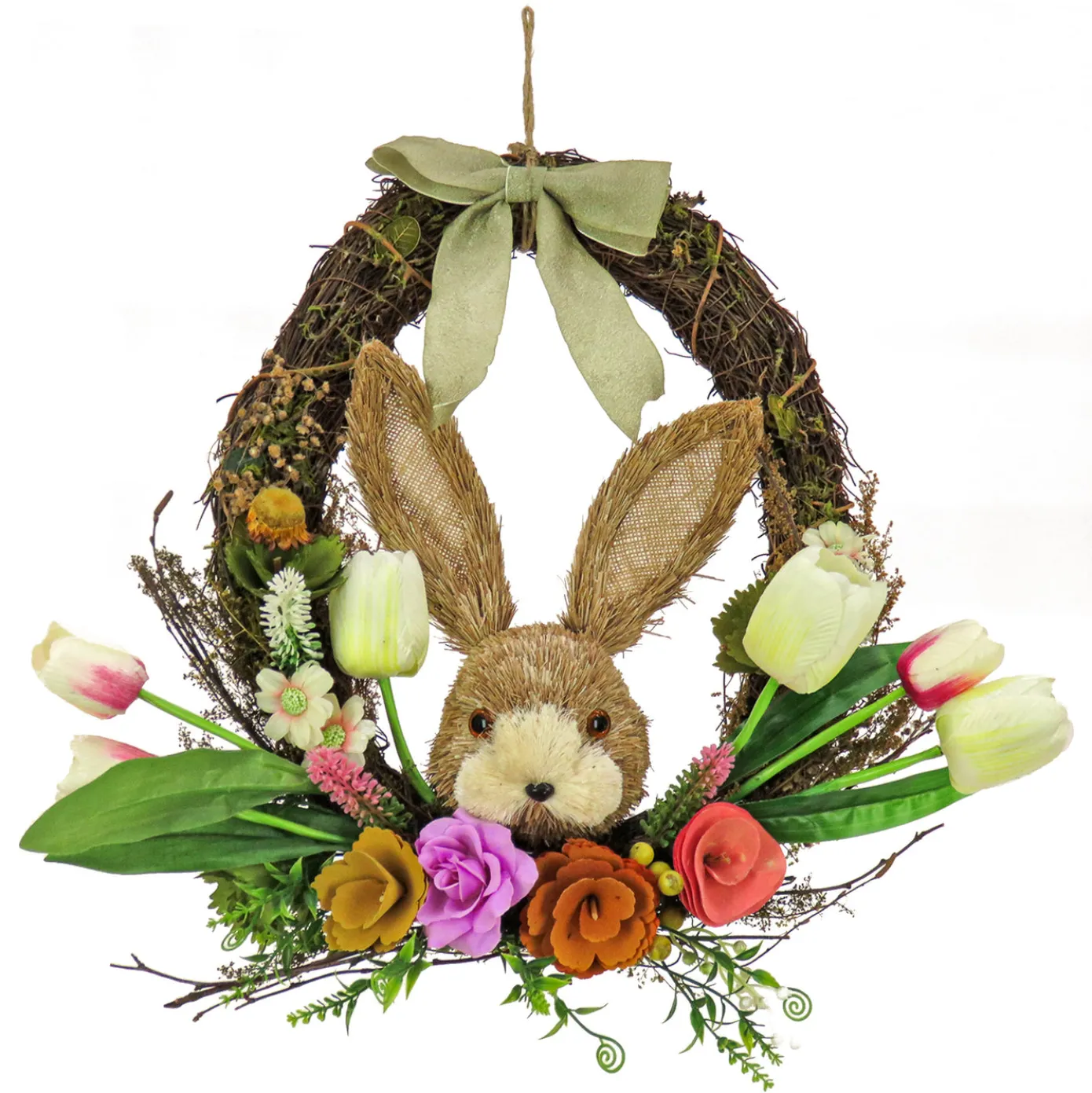 16 in. Easter Wreath Decorated with Multicolor Flower Blooms, Tulips, Leafy Greens, Bunny Head