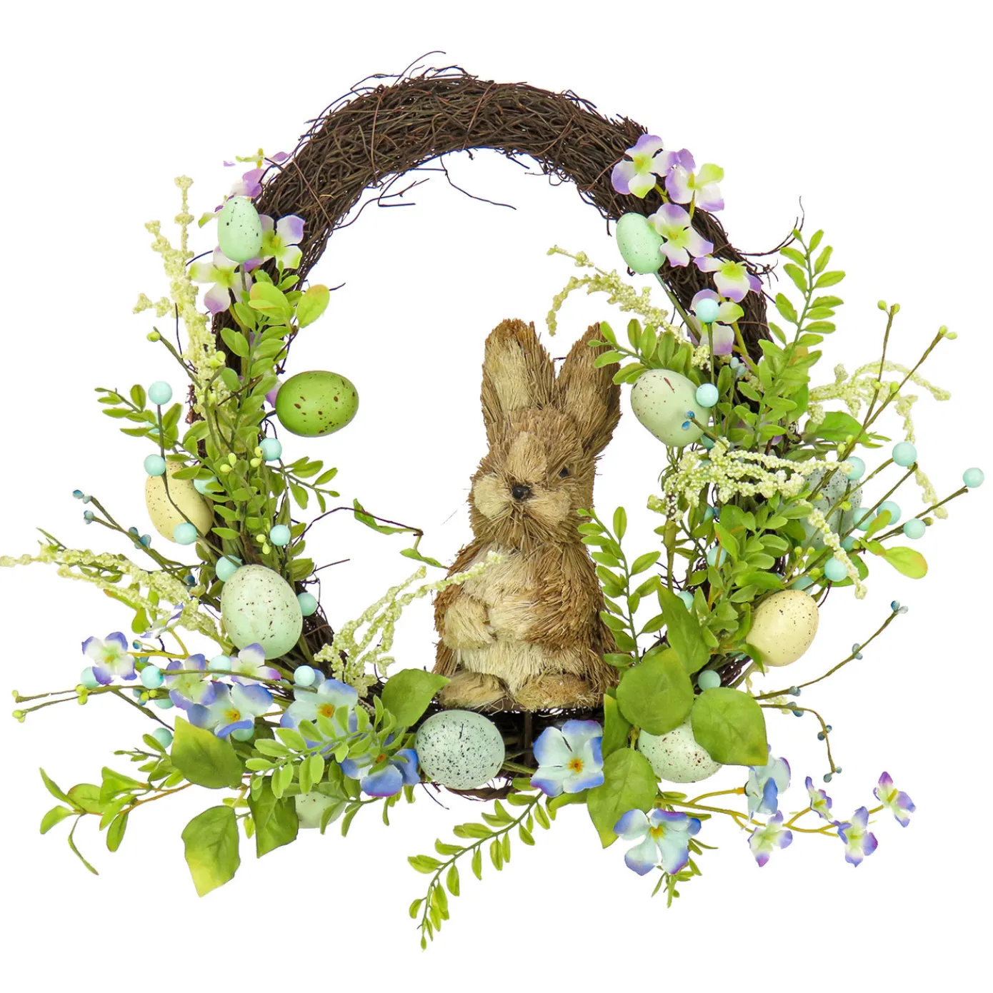 16 in. Easter Wreath Decorated with Wooden Bunny, Blue Flower Blooms, Pastel Eggs, Berries