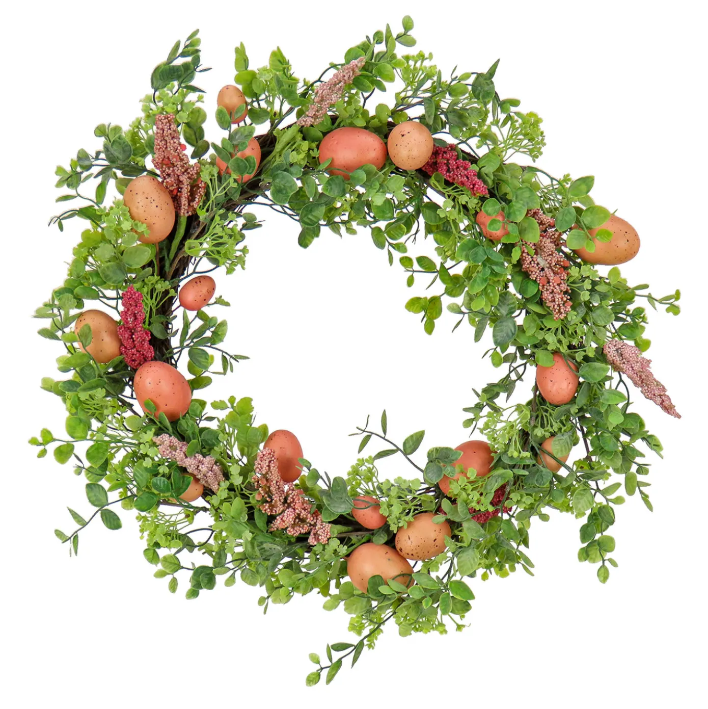 22 in. Easter Wreath Decorated with Pink Pastel Eggs, Pink Flowers, Leafy Greens