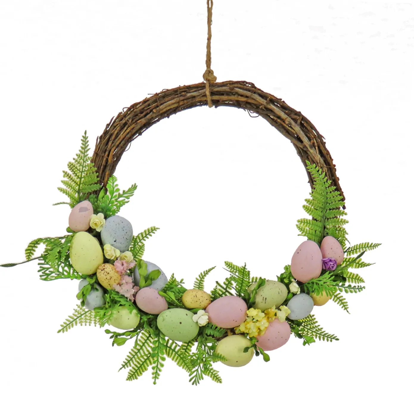 16 in. Easter Wreath Decorated with Pastel Eggs, Fern Fronds, Flower Blooms