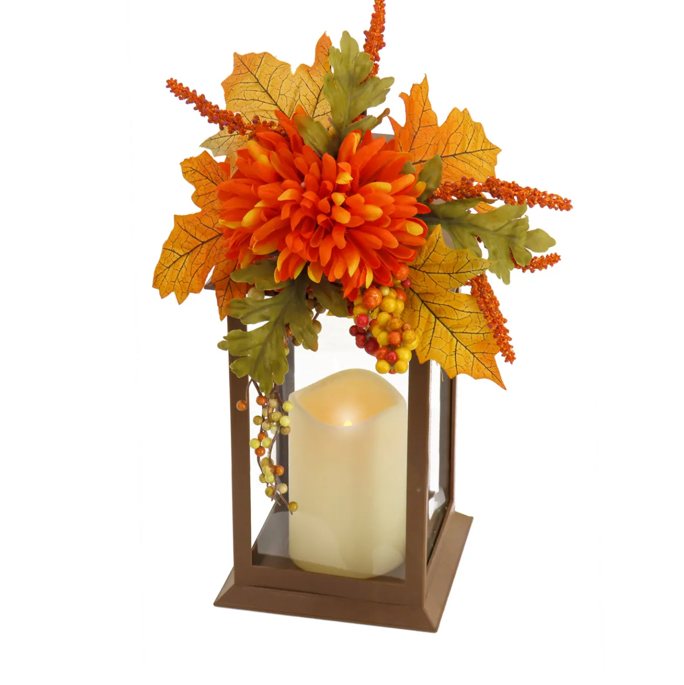 14 in. Fall Lantern with Mum Flower, Mixed Leaves, Berry