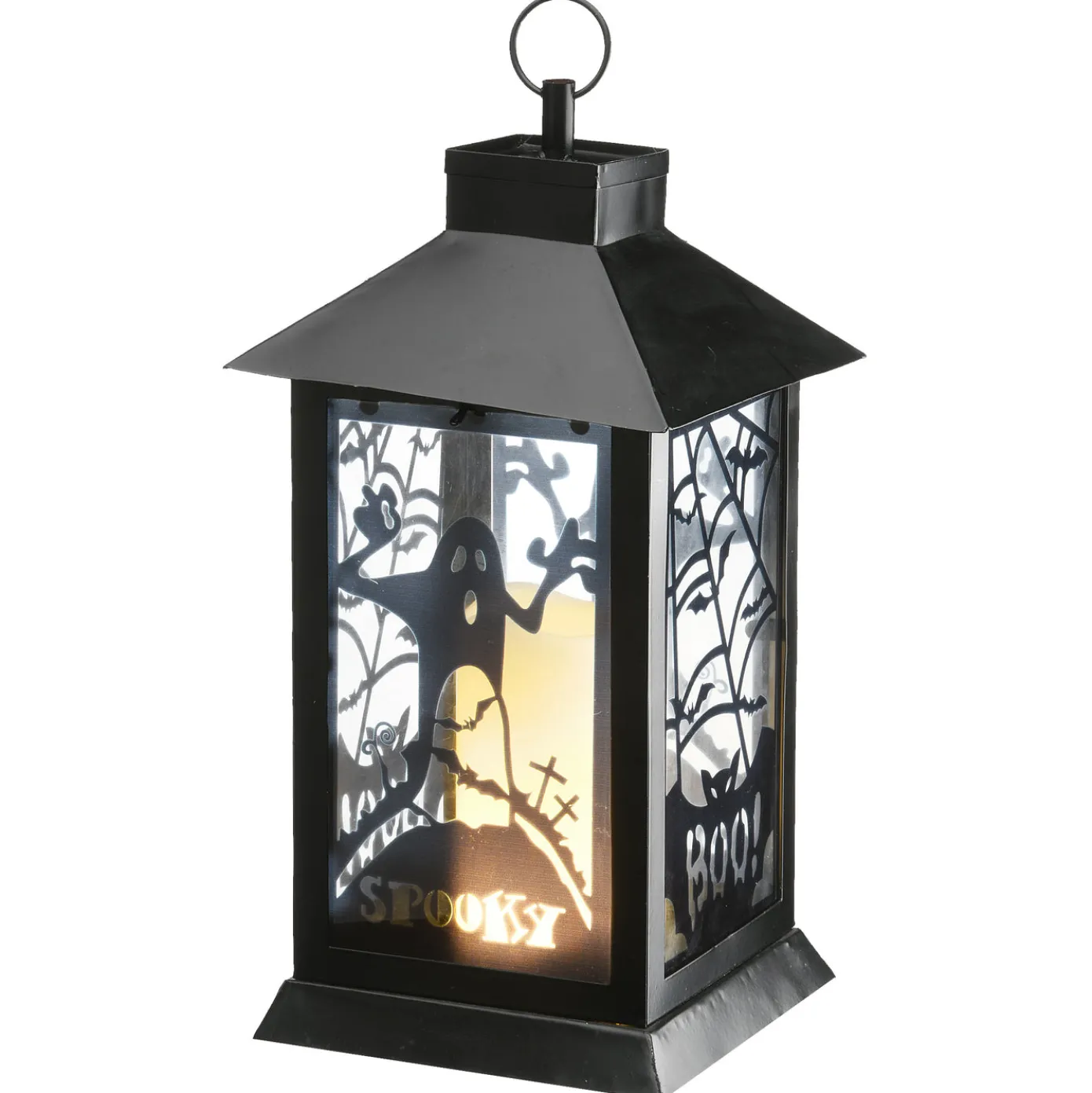 16 in. Halloween Carved Images of Ghosts and Cobwebs Lantern with LED Lights