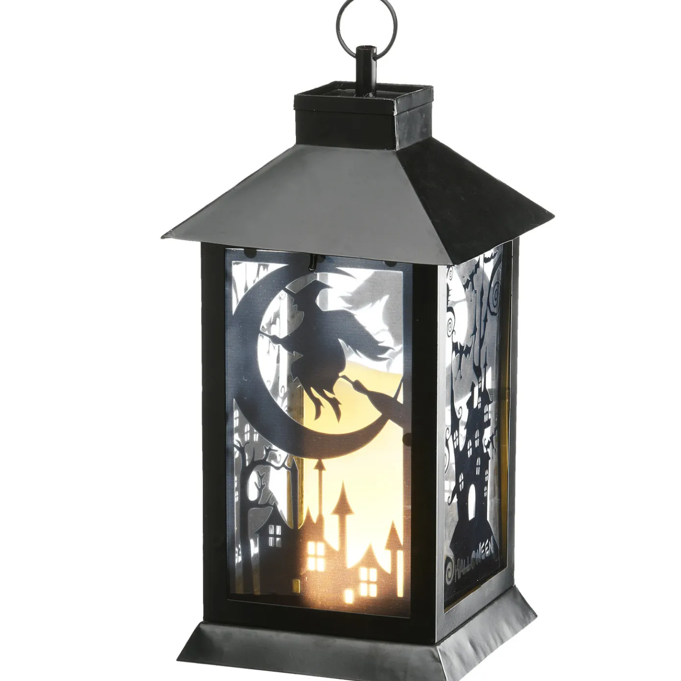 16 in. Halloween Carved Images of Witches and Cobwebs Lantern with LED Lights