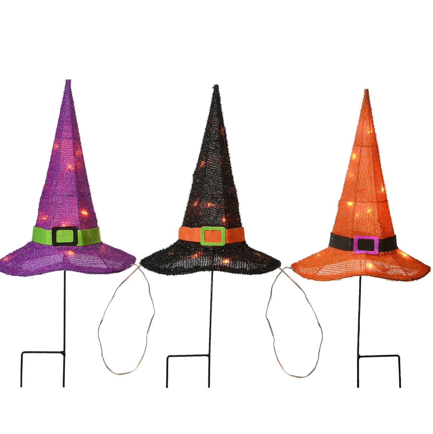 23 in. Halloween Orange,Black and Purple Witchs Hat Garden Stakes with LED Lights