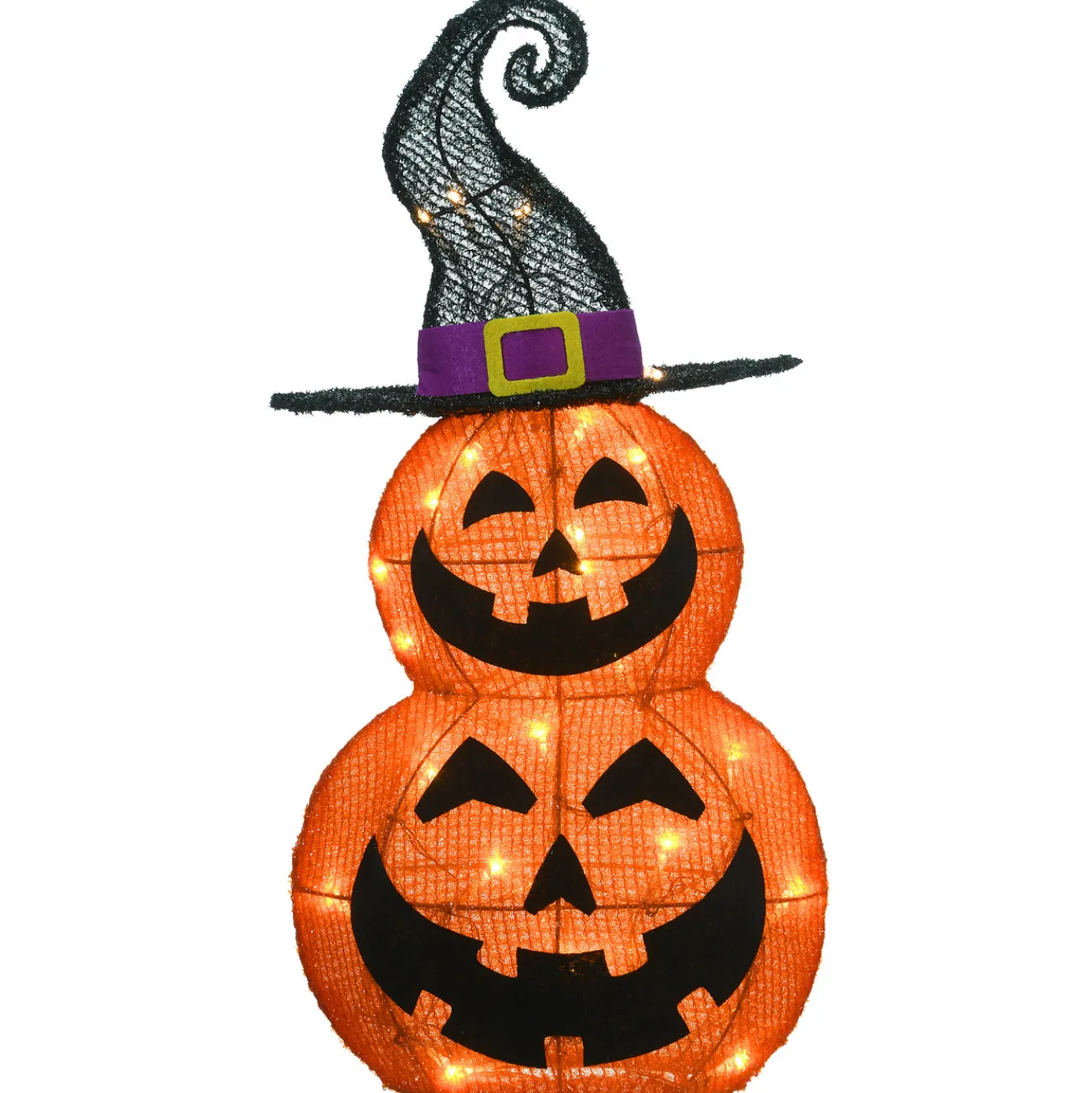 19 in. Halloween Pre-Lit Stacked Pumpkins in Witchs Hat Outdoor Decoration with LED Lights