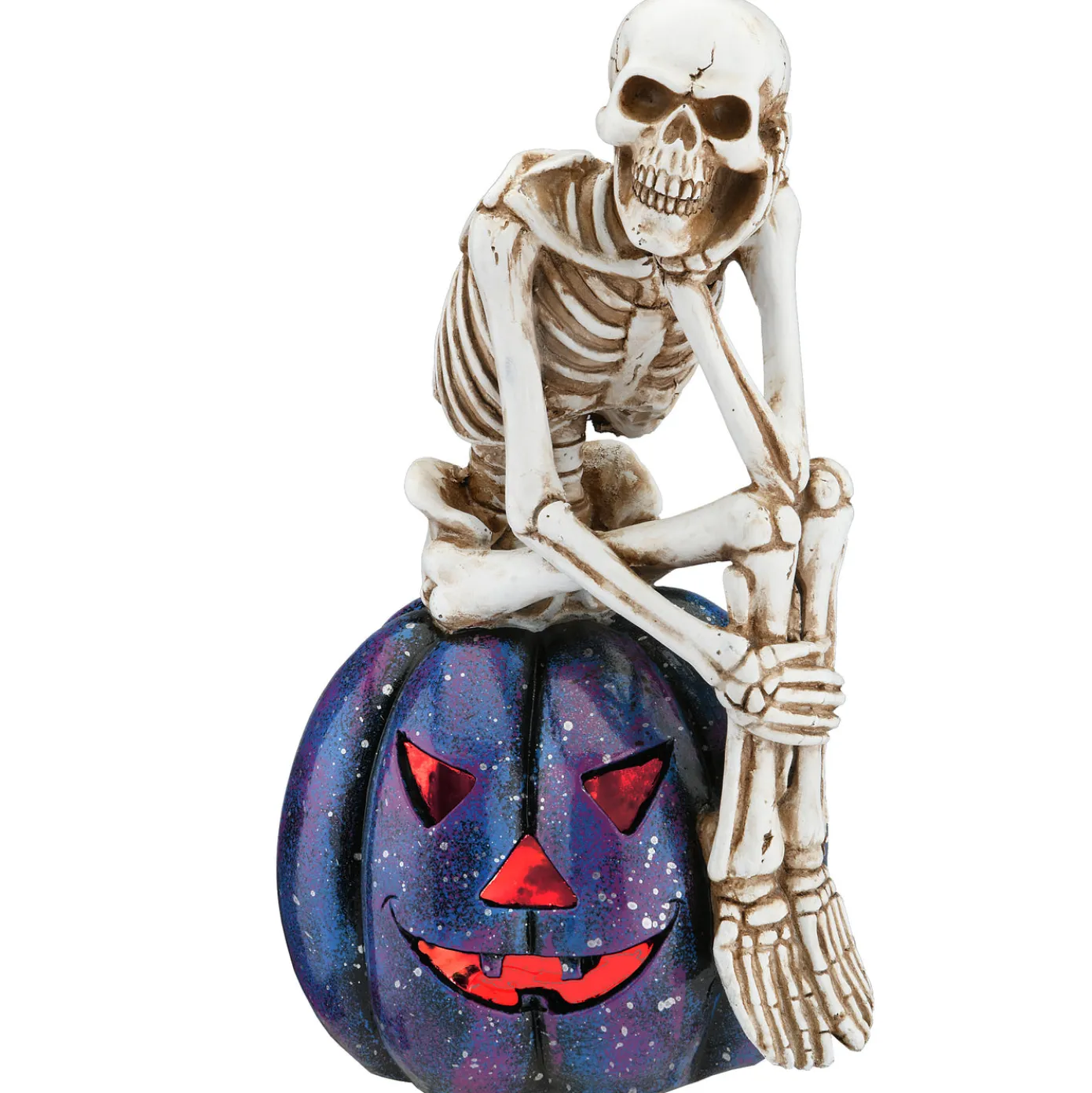 11 in. Halloween Skeleton Resting on a Purple Galaxy Jack O Lantern