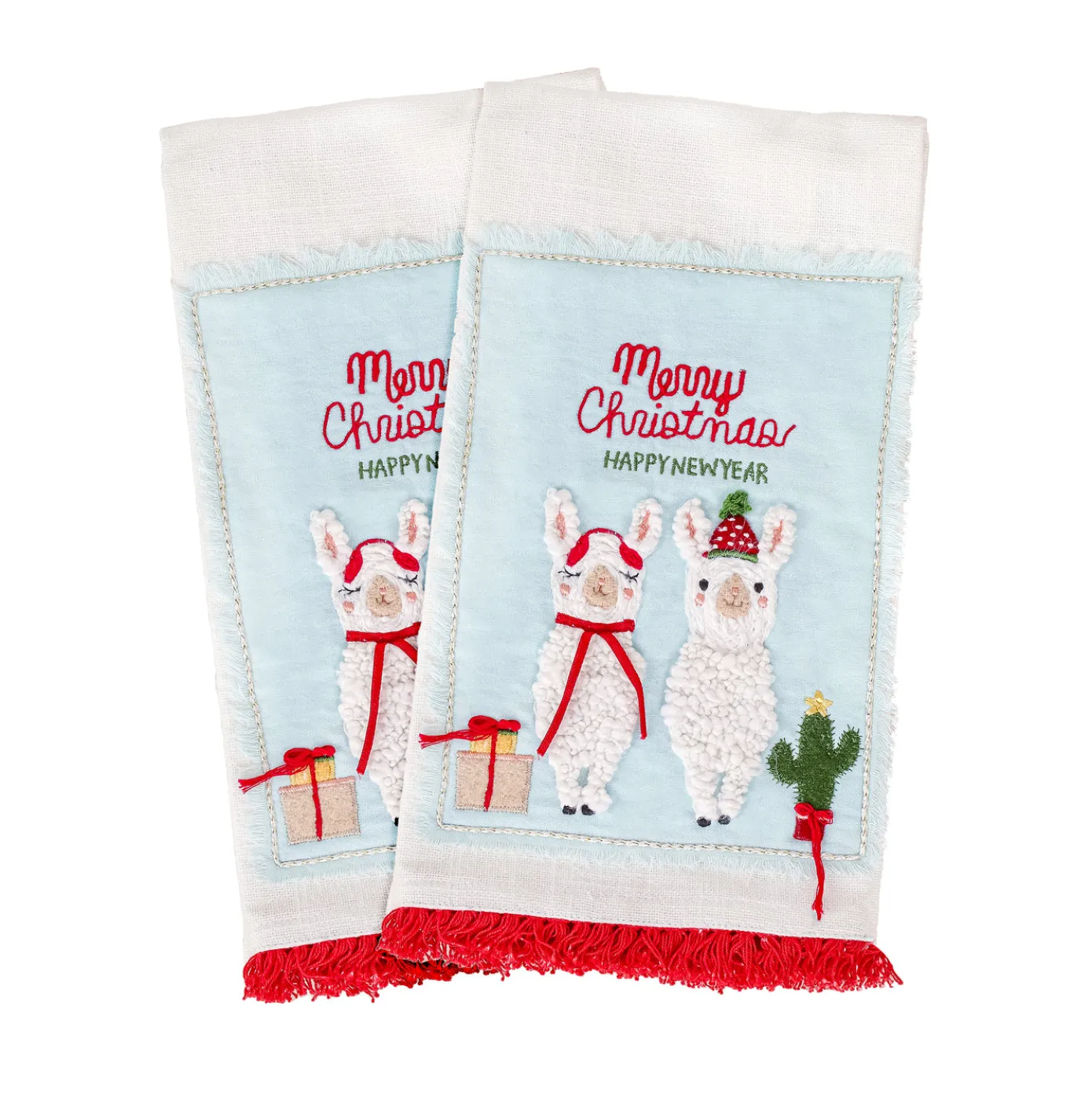 18 in. HGTV Home Collection Merry Christmas Llamas Guest Towel Pair