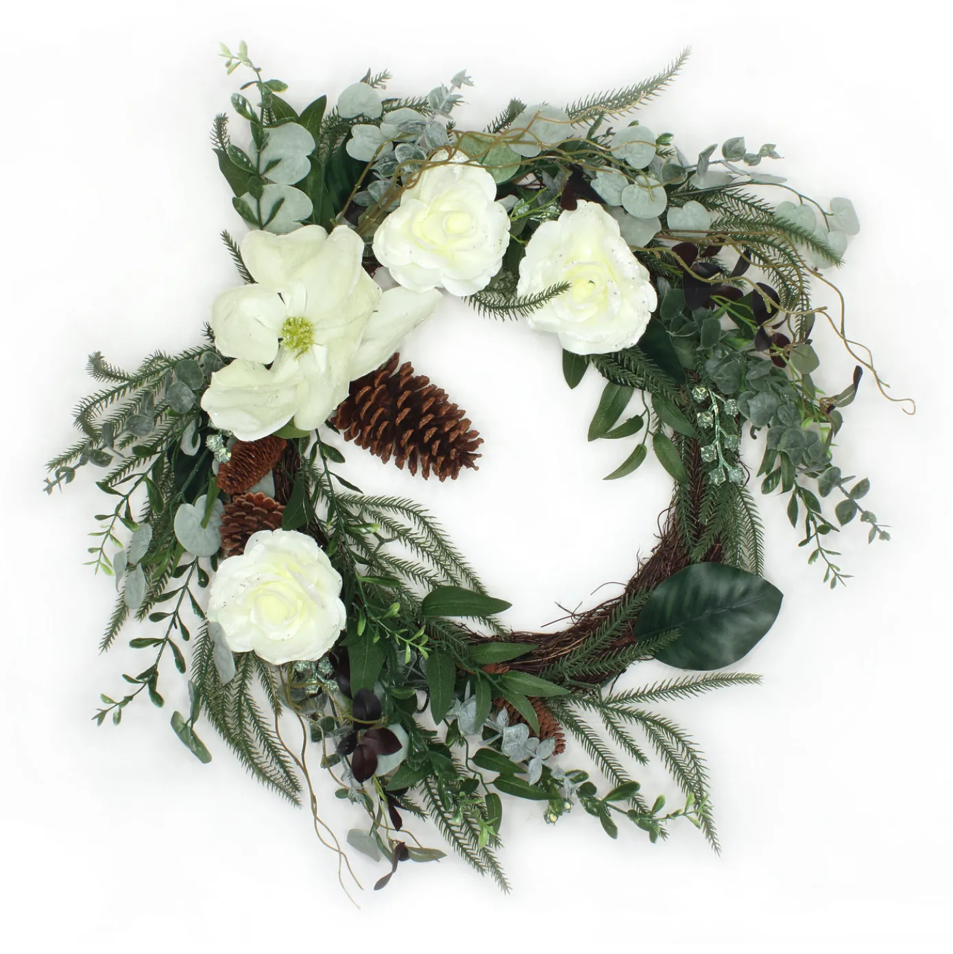 26 in. Mixed Greens and White Flowers Decorated Wreath