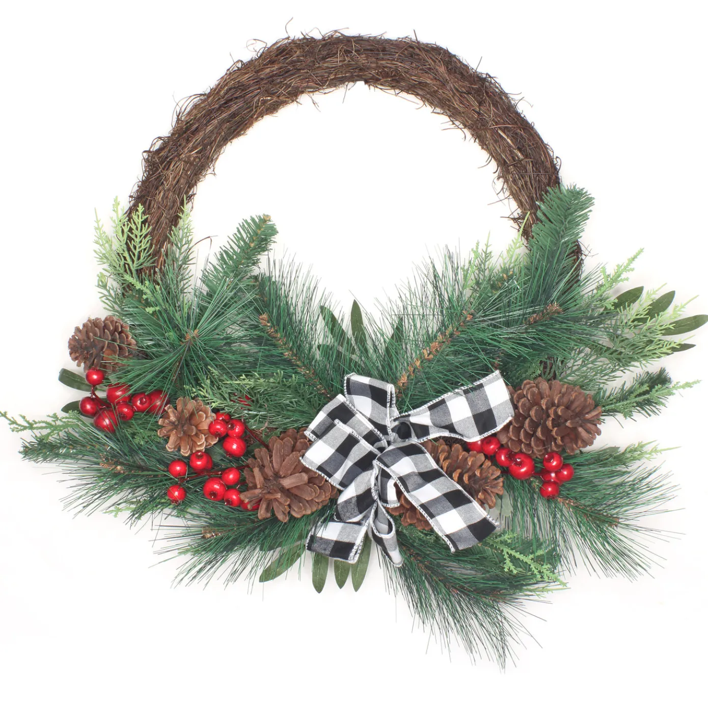 24 in. Mixed Pine and Berries Decorated Wreath