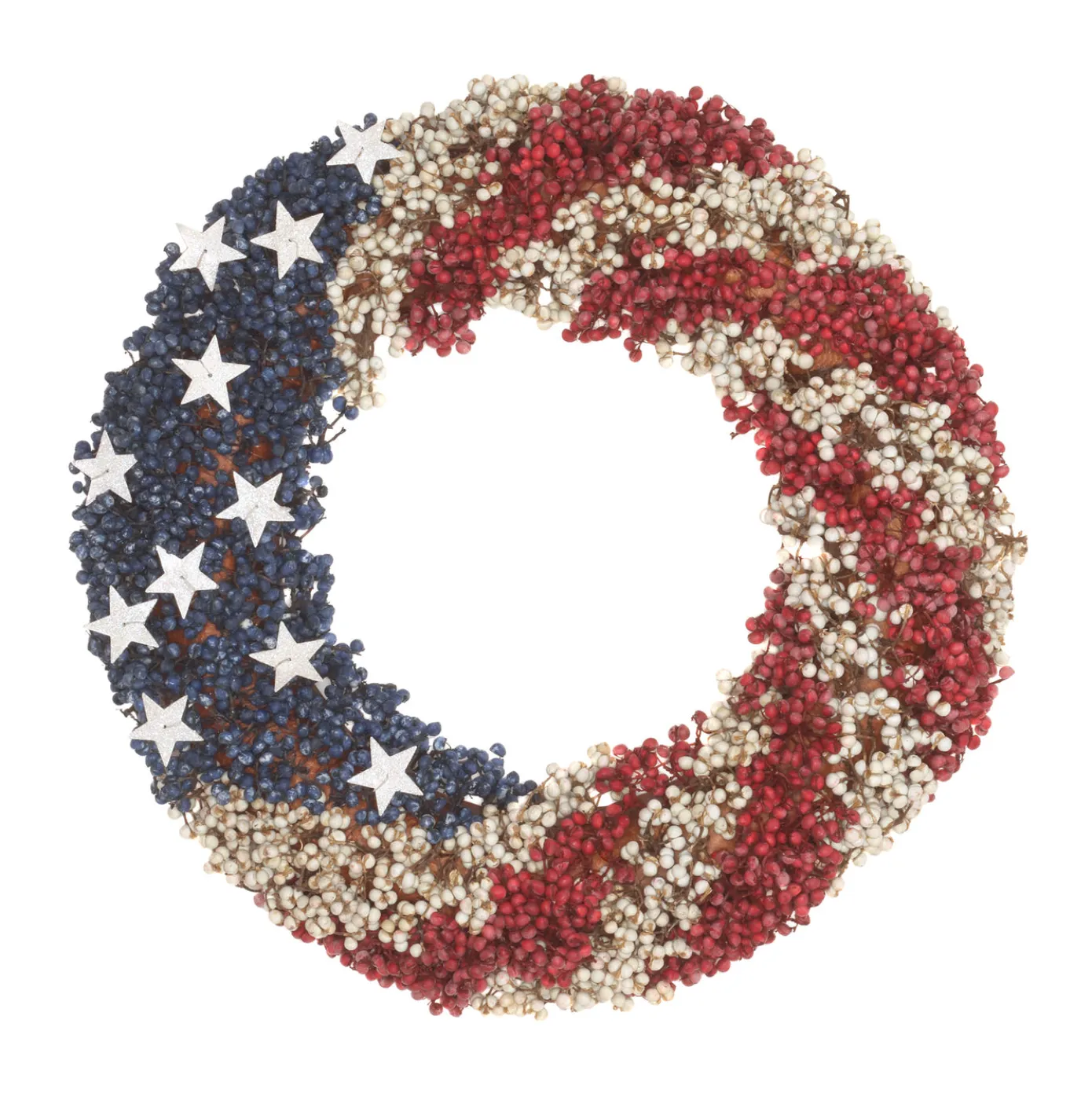 19 in. Patriotic Wreath with Red White and Blue Berry Clusters White Stars