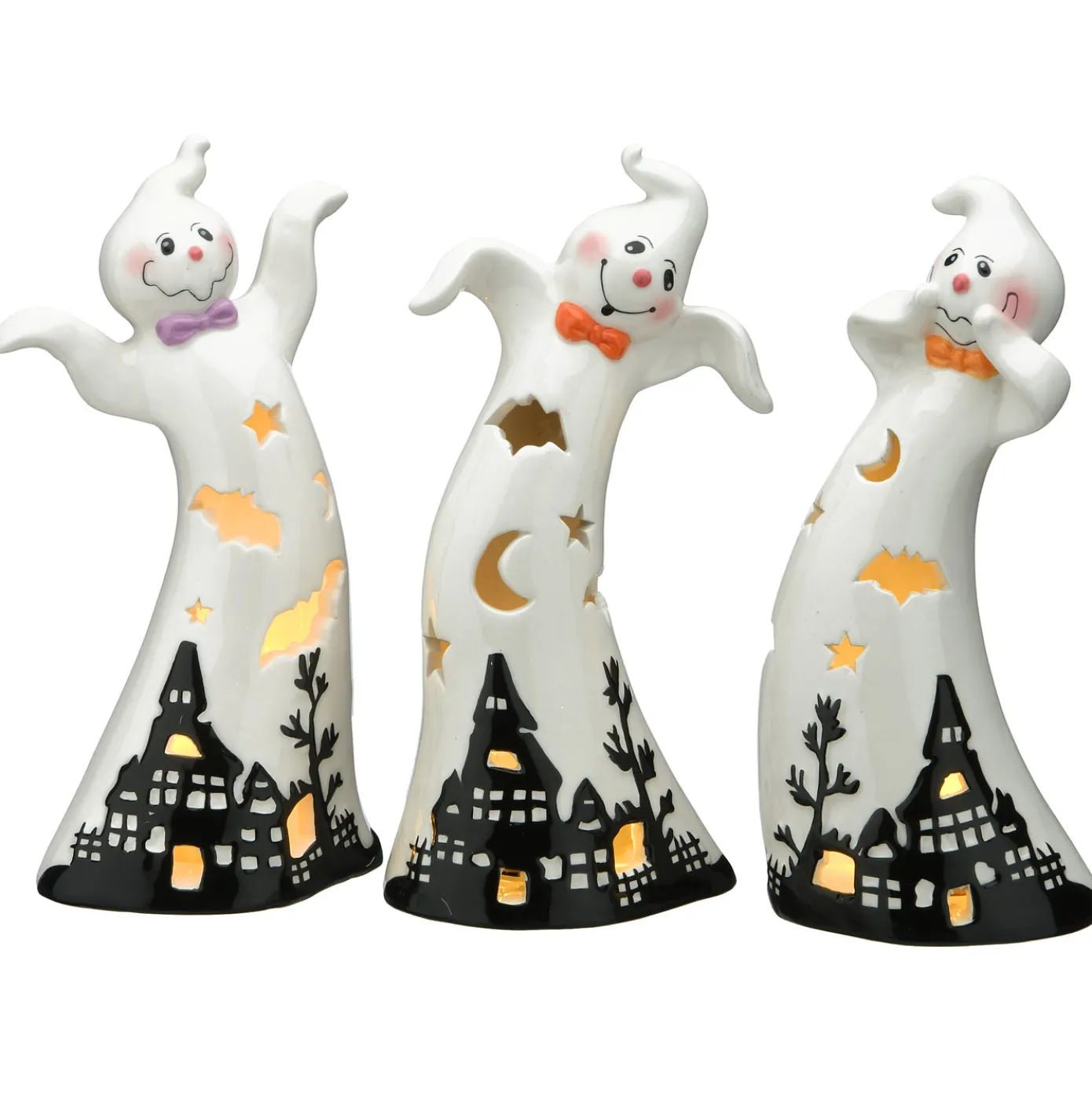7 in. 3-Piece Halloween Three Dancing Ghosts Ceramic Decoration with LED Lights