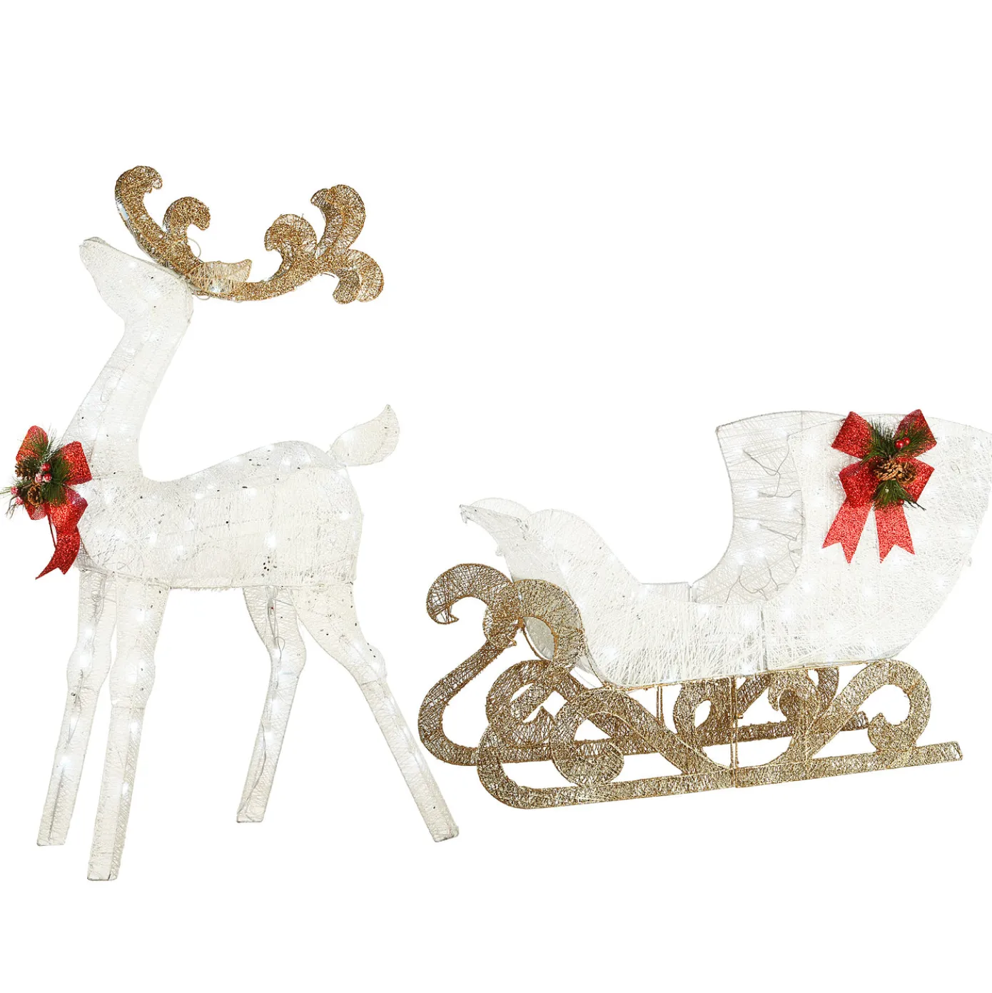 48 in. Pre Lit Sisal Reindeer and Sleigh Decoration with Cool White LED Lights