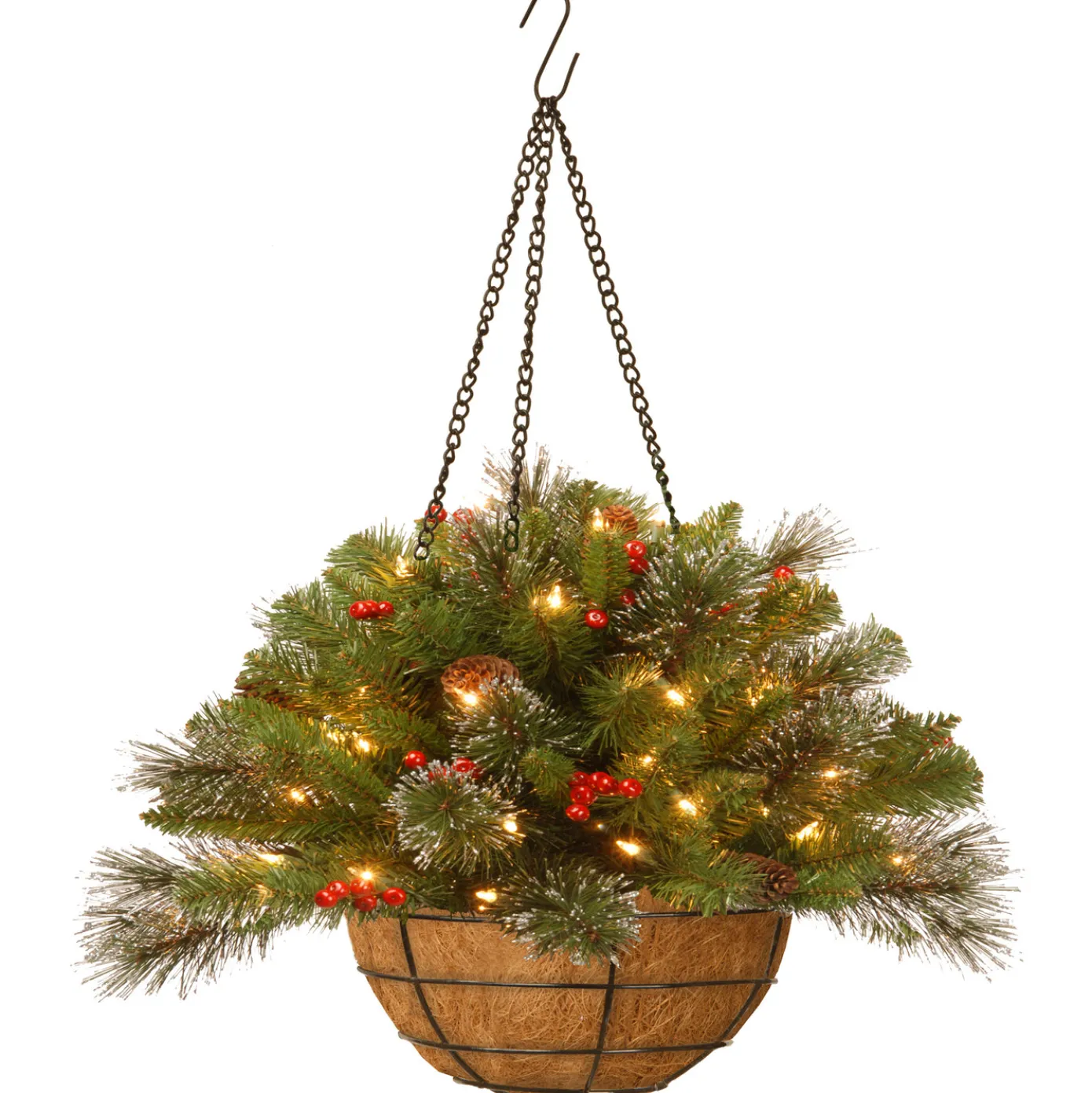 20 in. Pre-Lit Crestwood Spruce Hanging Basket with LED Lights