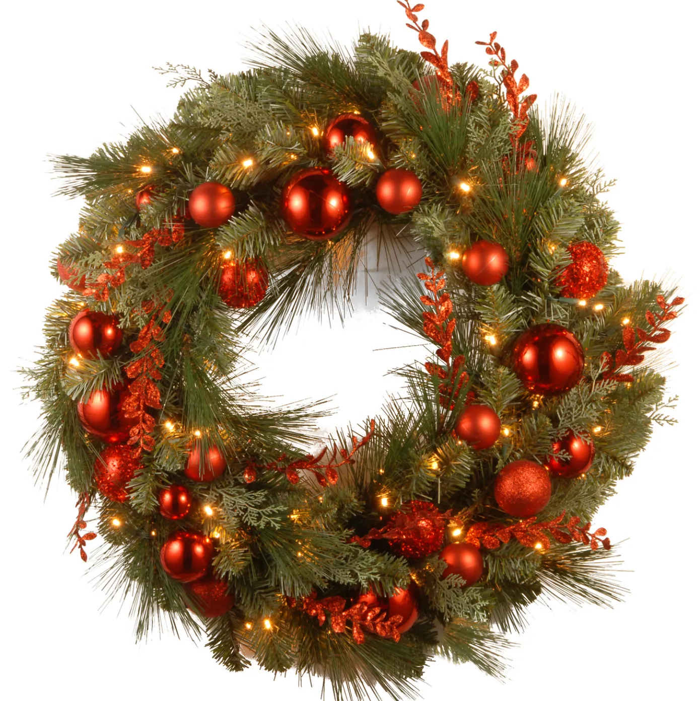 24 in. Pre-Lit Decorative Collection Red Mixed Wreath with Warm White LED Lights