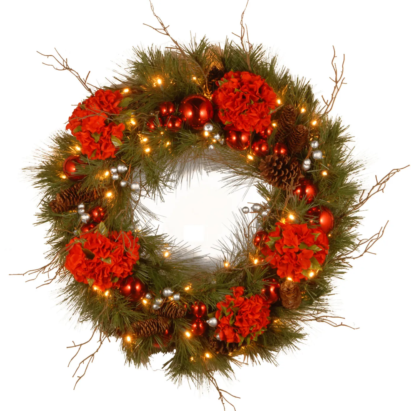 24 in. Pre-Lit Hydrangea Pine Wreath with Warm White LED Lights