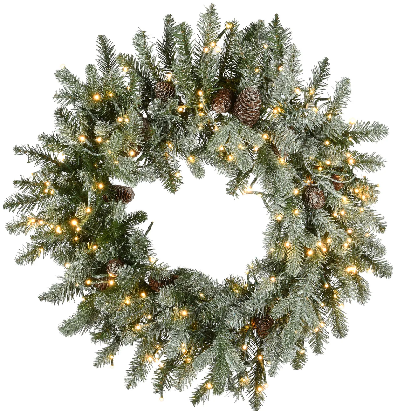 24 in. Pre-Lit Snowy Morgan Spruce Wreath with Dual Color LED Lights