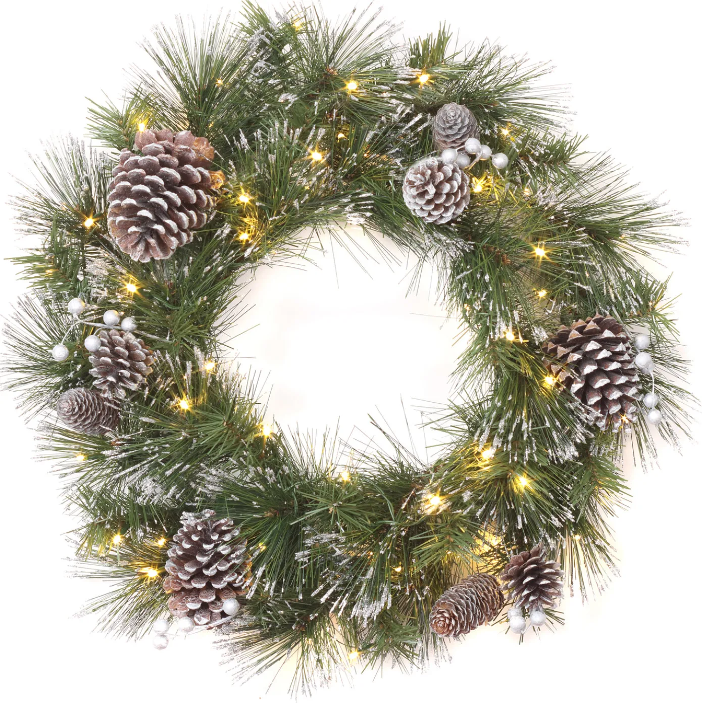 24 in. Pre-Lit Whitter Pine Wreath with LED Lights