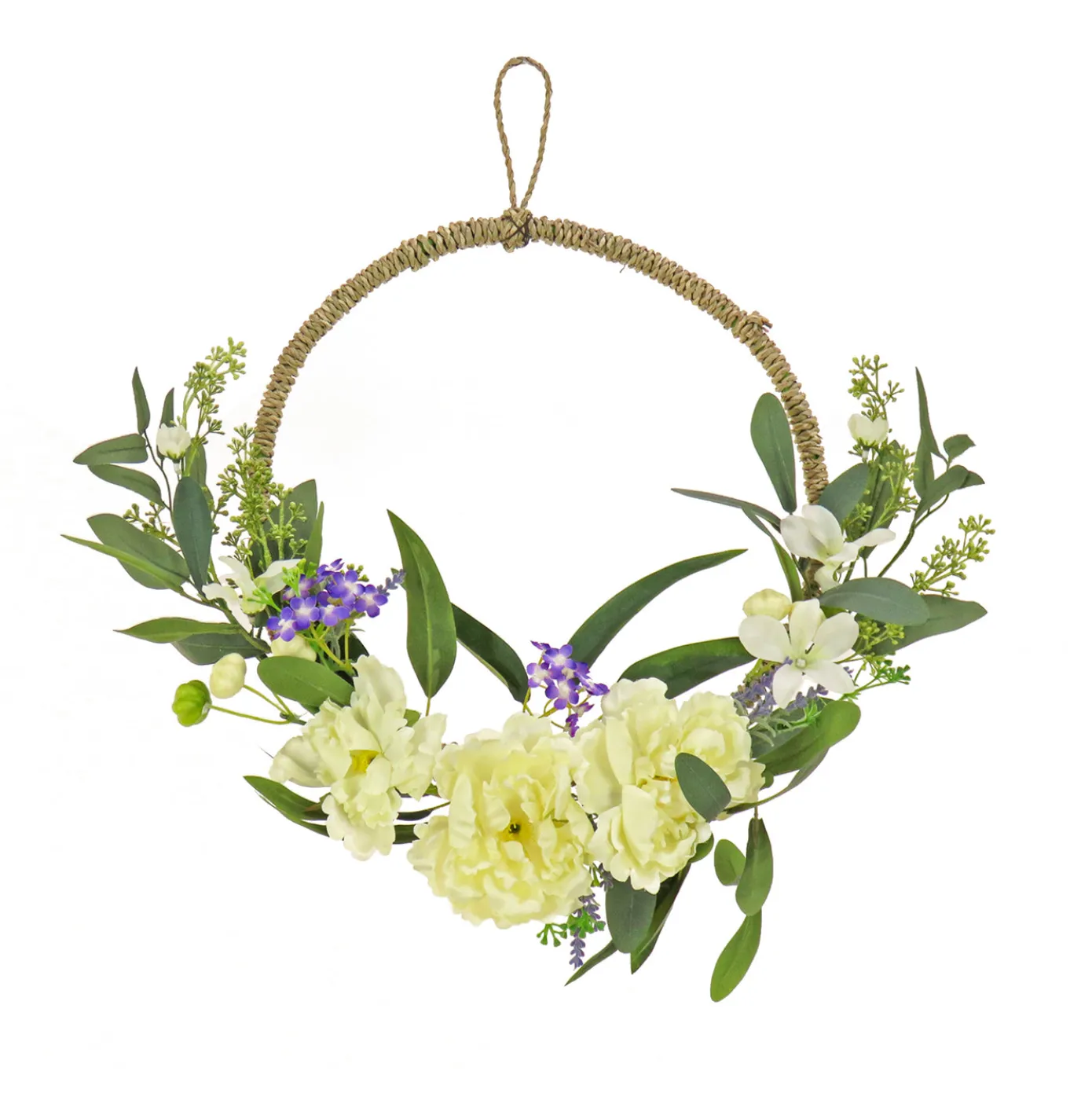 18 in. Spring Hoop Wreath with Peony Flower Blooms, Mini Blossoms, and Flowing Green Stems
