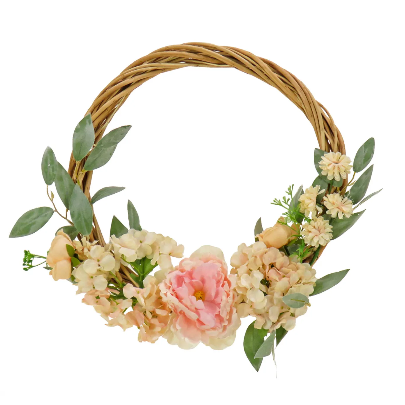 19 in. Spring Hoop Wreath with Wild Rose and Peony Flowers
