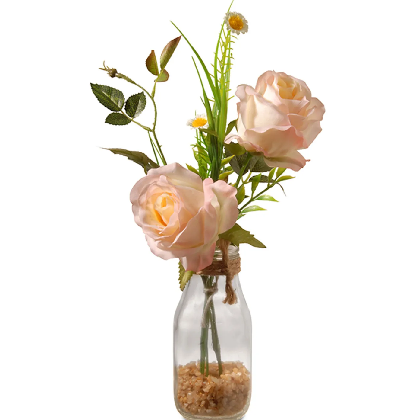 13 in. Spring Peach Roses Flower Bouquet in Glass Vase with Leafy Greens
