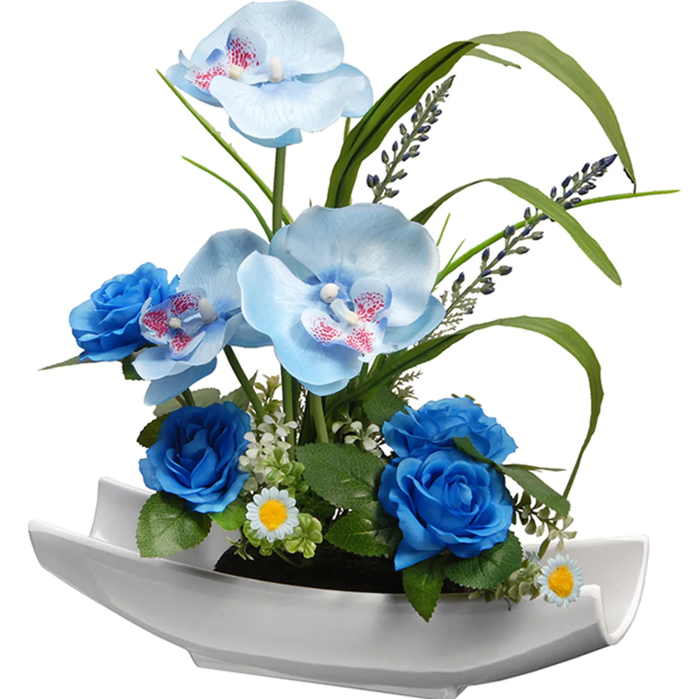 15 in. Spring Potted White Orchid and Blue Roses Flower Pot with Leafy Greens