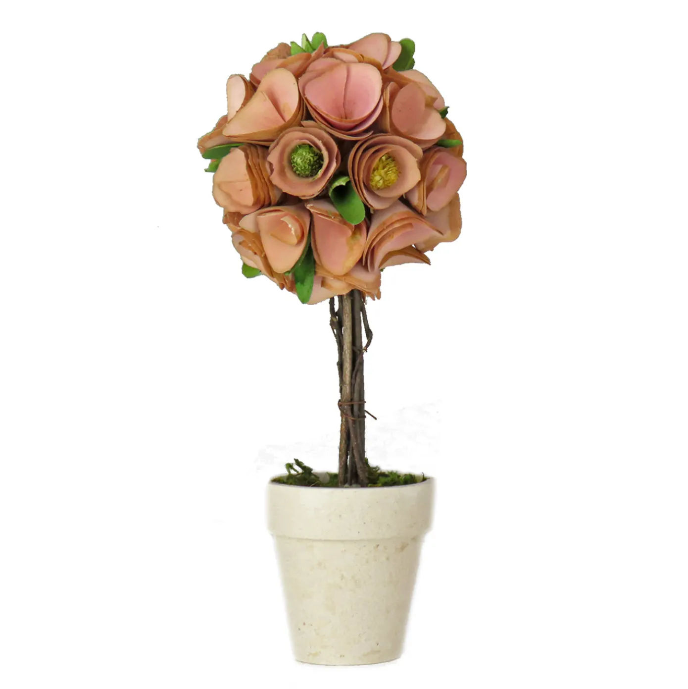 12 in. Spring Topiary with Pink Floral Blooms, White Pot Base