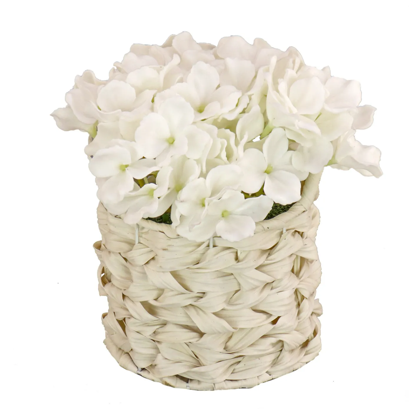 10 in. Spring White Hydrangea Bouquet in White Basket
