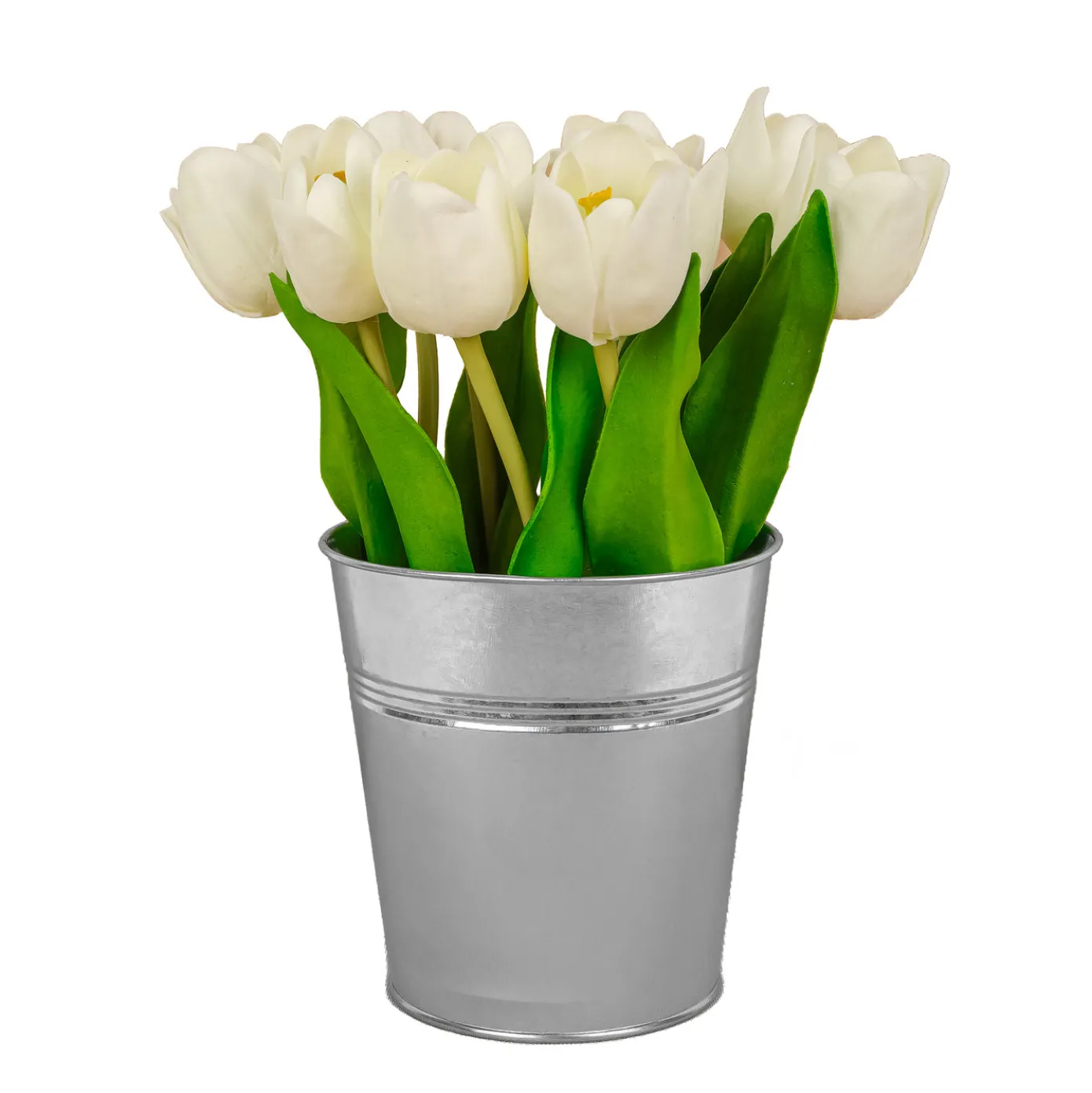 9 in. Spring White Tulip Bouquet in Metal Pot