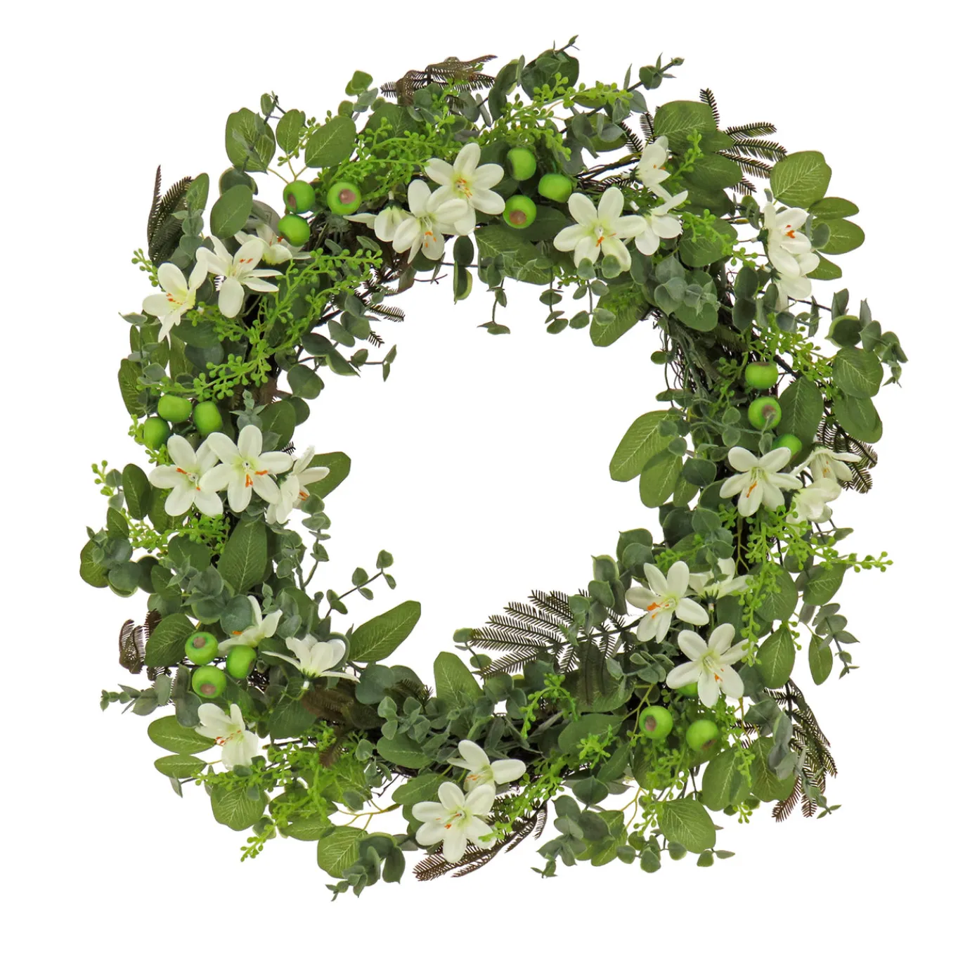 24 in. Spring Wreath with Mixed Flower Blooms and Flowing Green Stems