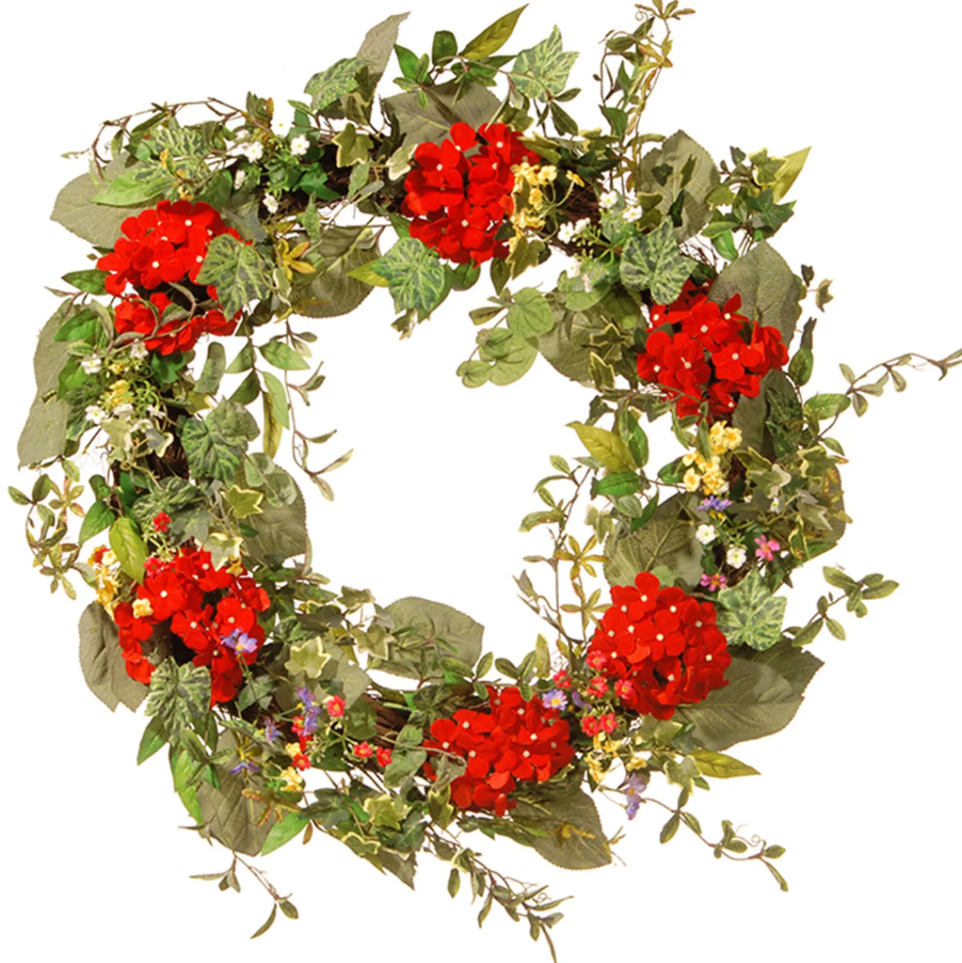 32 in. Spring Wreath with Red Flower Blooms, Flowing Green Stems