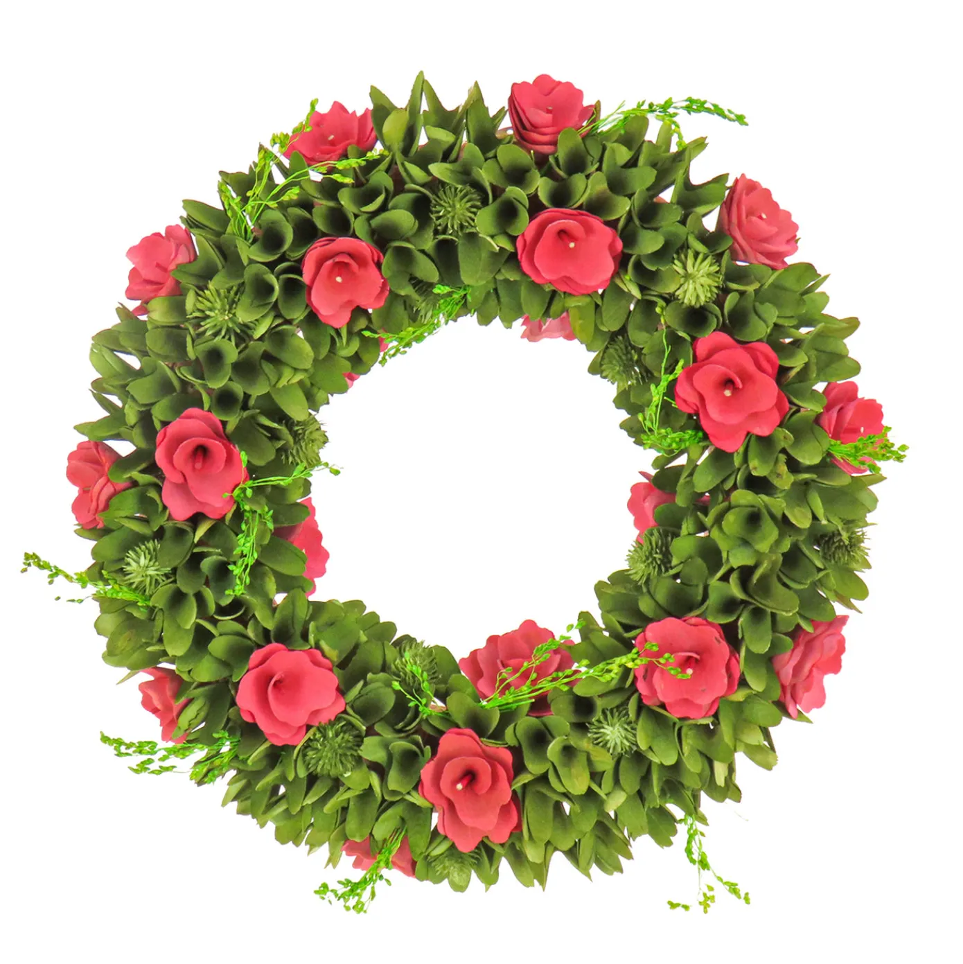 18 in. Spring Wreath with Green Assorted Flower Blooms, Seed Pods, Flowing Green Stems
