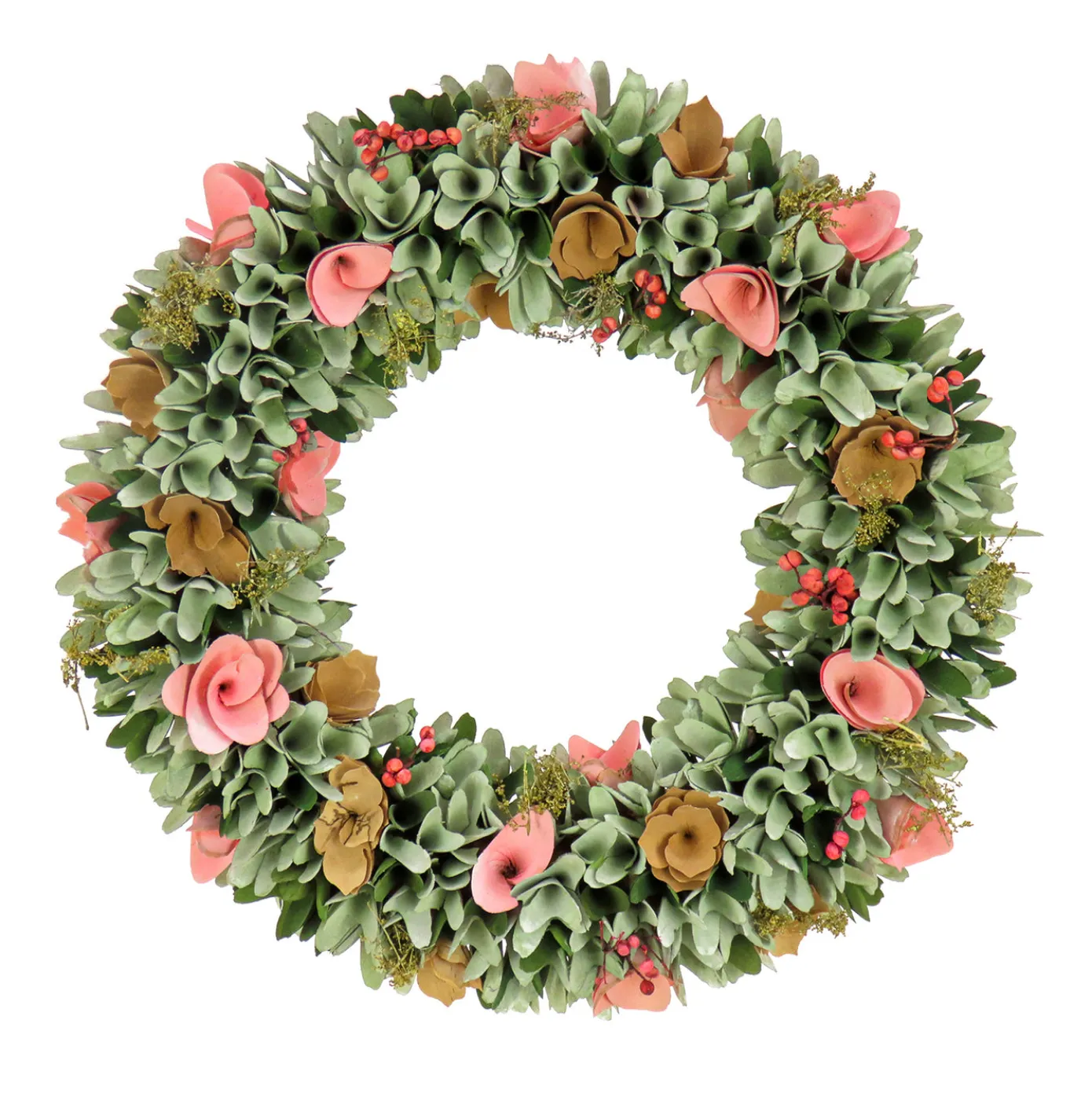 18 in. Spring Wreath with Pink and Brown Assorted Wood Cut Flowers, Flowing Green Leaves