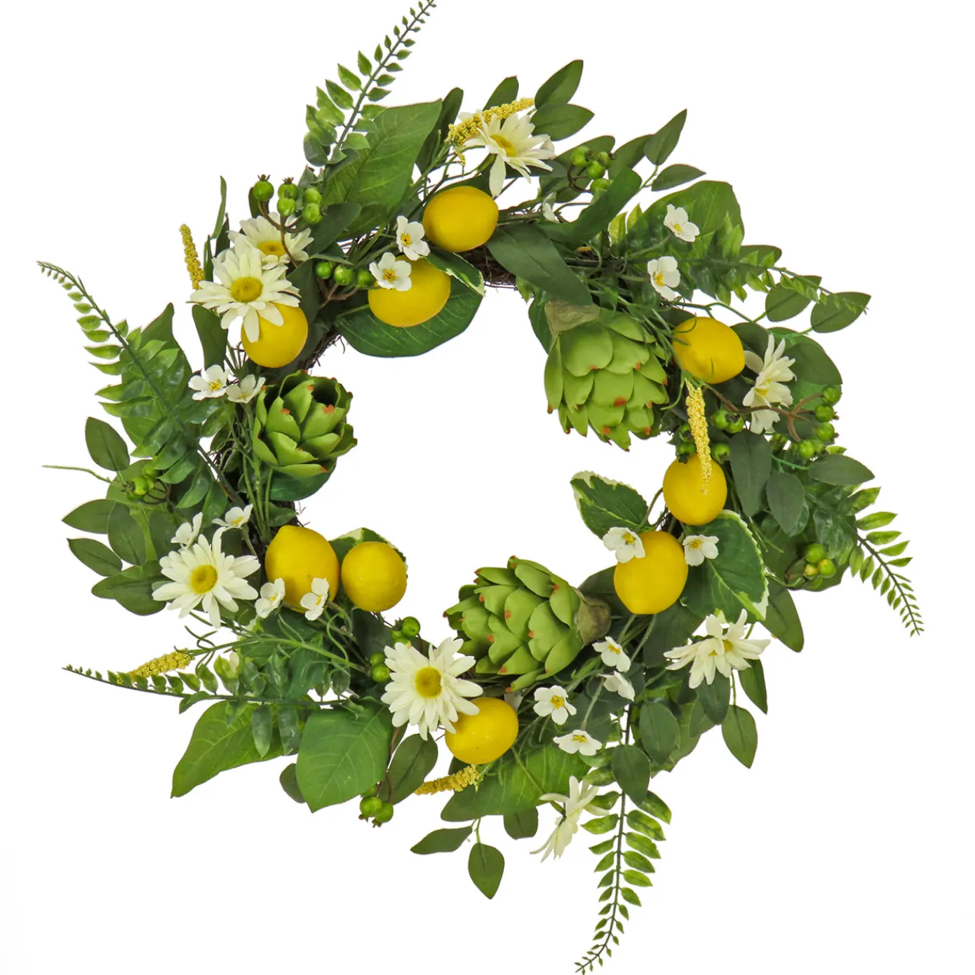 22 in. Spring Wreath with Lemons, Artichokes, Daisy Blooms, Leafy Greens