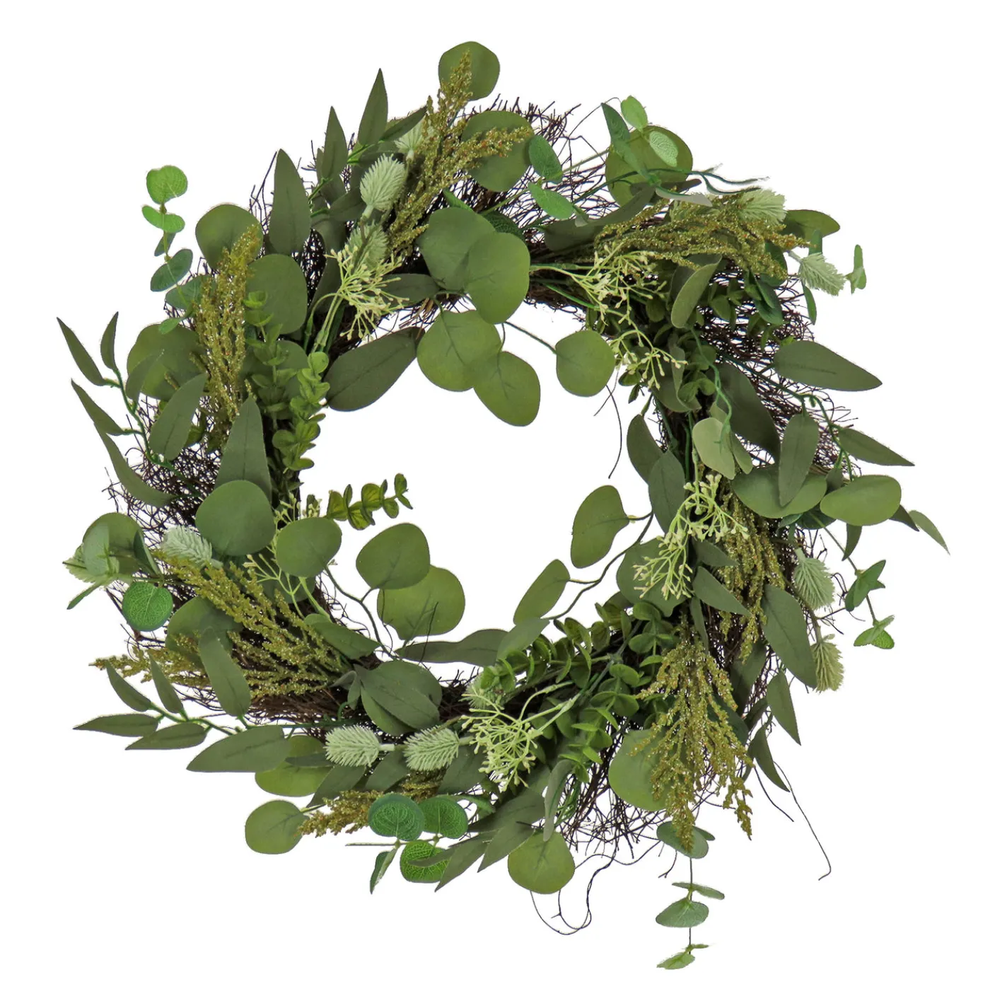 22 in. Spring Wreath with Eucalyptus Leaves, Baby's Breath, Flowing Green Stems