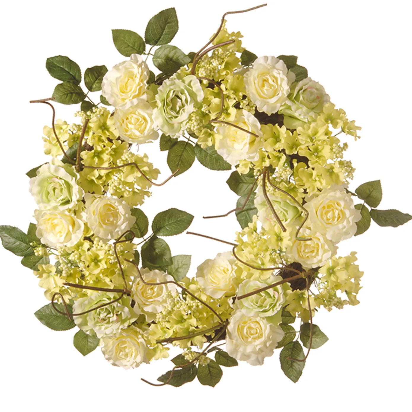 20 in. Spring Wreath with Cream Rose Blooms, Branches, Leafy Greens