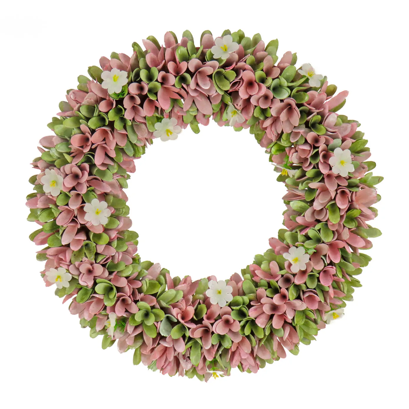 18 in. Spring Wreath with Pink and Green Assorted Wood Cut Flowers, Flowing Green Leaves