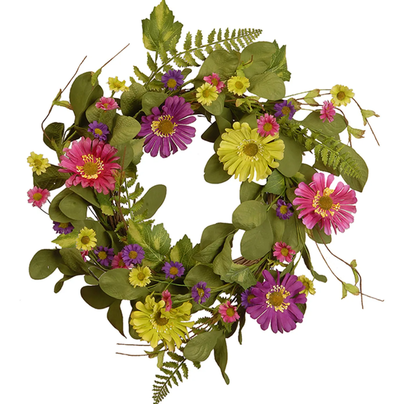 22 in. Spring Wreath with Dasiy Blooms, Leafy Greens
