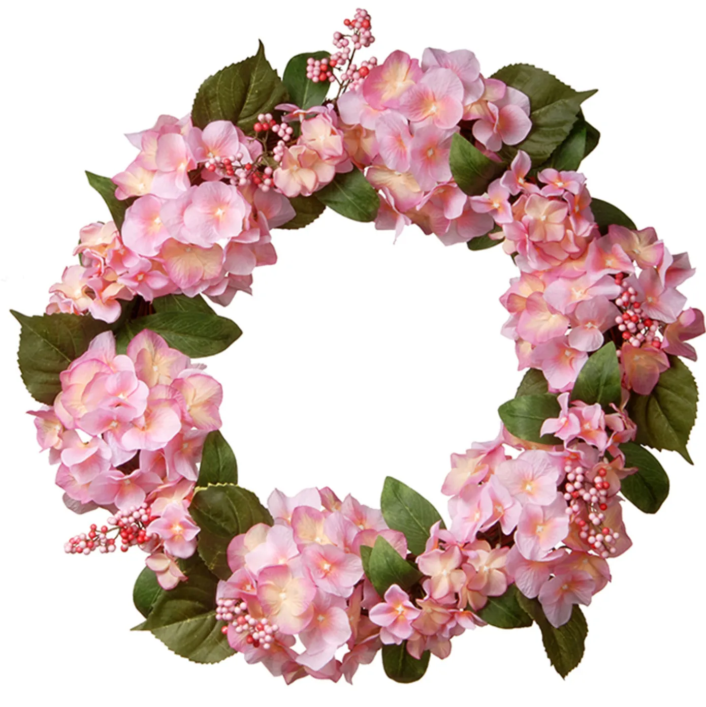 24 in. Spring Wreath with Pink Hydrangea Blooms, Berry Clusters, Leafy Greens