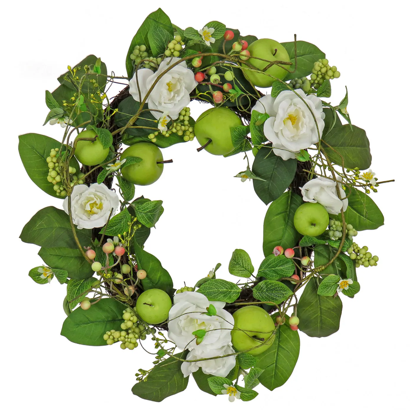24 in. Spring Wreath with Rose Blooms, Apples, Leafy Greens